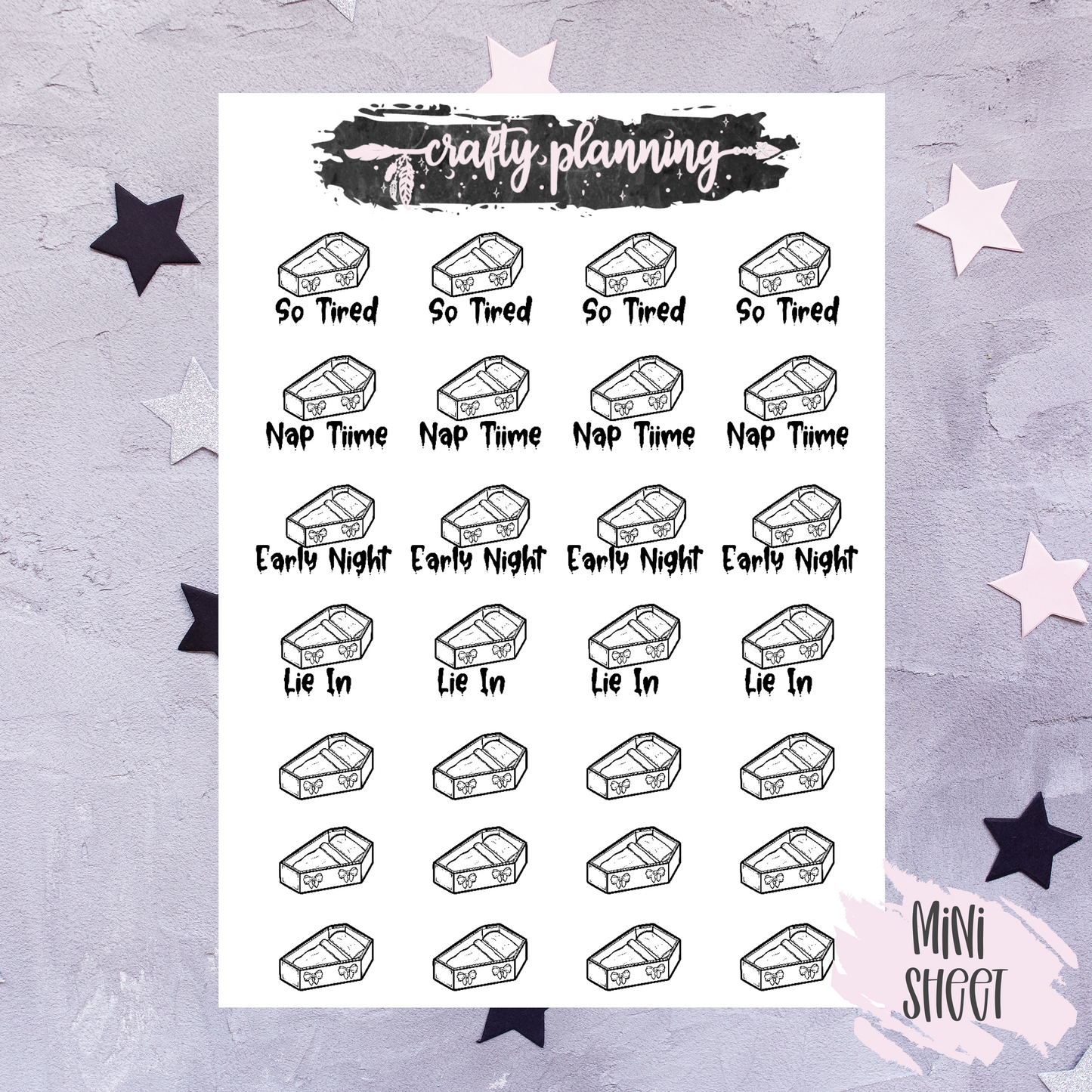 Tired Stickers, Monochrome Stickers, Witchcraft Stickers, Witch Stickers, Goth Stickers, Coffin Stickers, Black & White