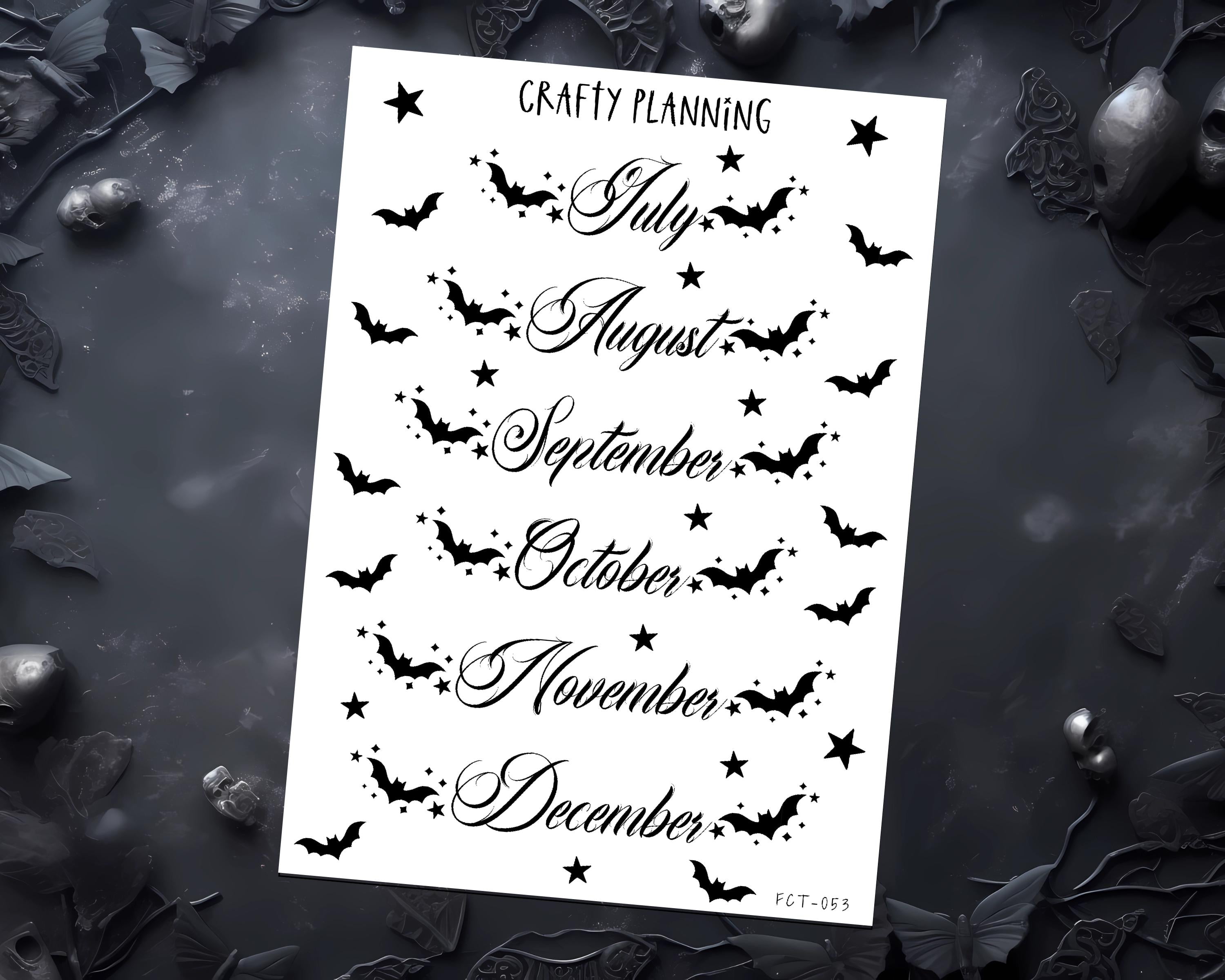 Monthly Planner Stickers – Gothic Bat Month Header for 2026 Journals