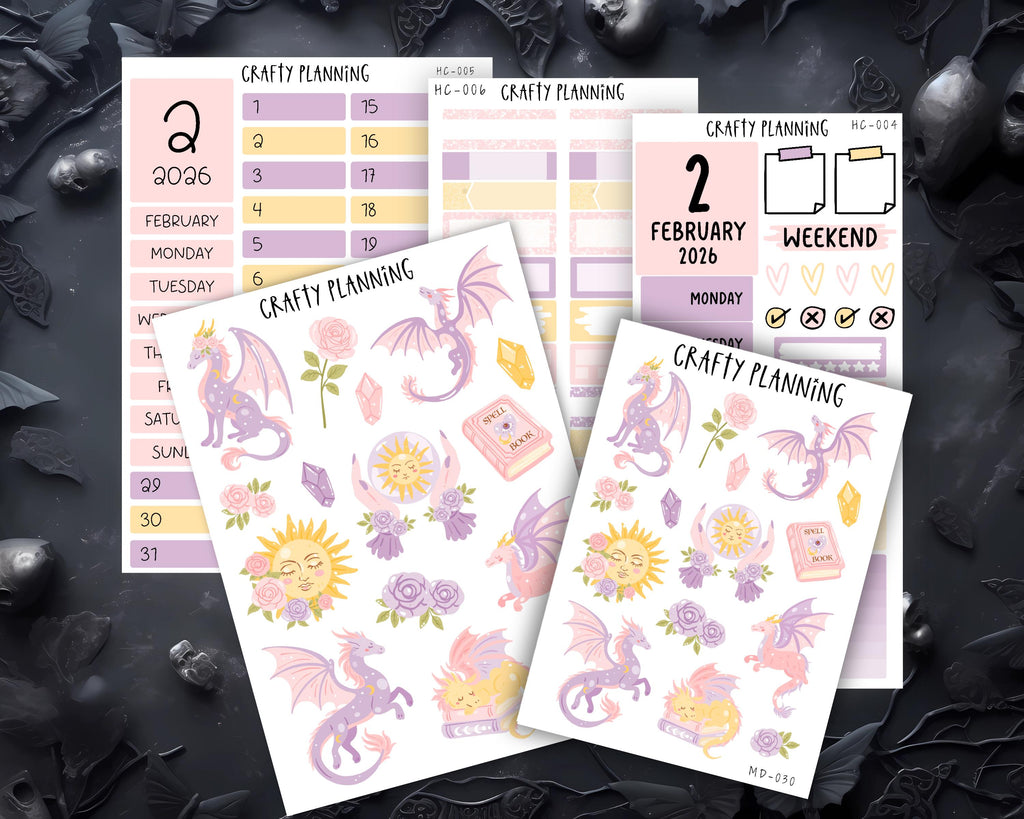 Planner Sticker Kit – Monthly & Weekly Hobonichi Cousin Stickers | Fantasy Dragon Decals