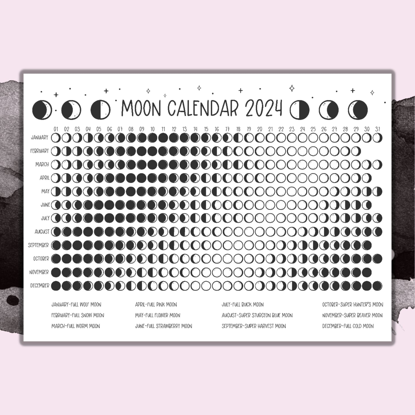 Moon Calendar 2024 - B&W - Full Page Sticker