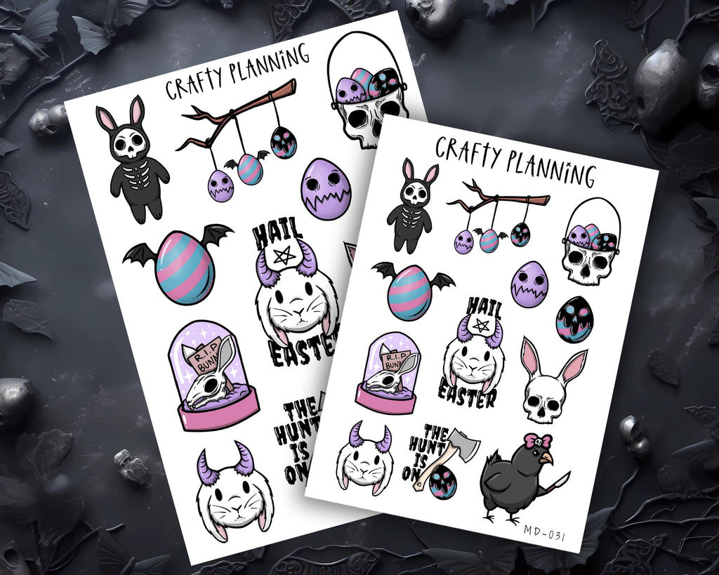 various Easter-themed stickers and illustrations, including a skeleton, a bat, a skull, a bunny, and other Easter-related symbols.