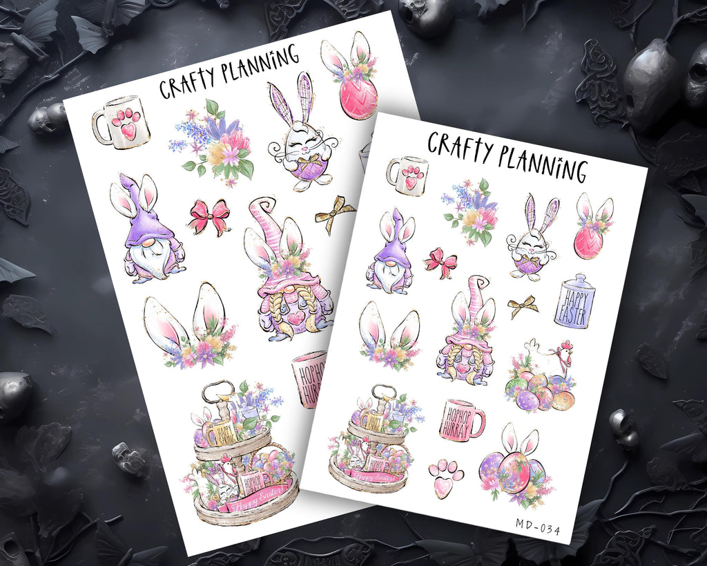 a collection of whimsical illustrations and objects related to Easter, including gnomes, rabbits, flowers, and various Easter-themed items. The text "Crafty Planning" is visible, suggesting that these illustrations are part of a crafting project or planning.