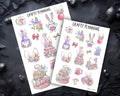 a collection of whimsical illustrations and objects related to Easter, including gnomes, rabbits, flowers, and various Easter-themed items. The text "Crafty Planning" is visible, suggesting that these illustrations are part of a crafting project or planning.