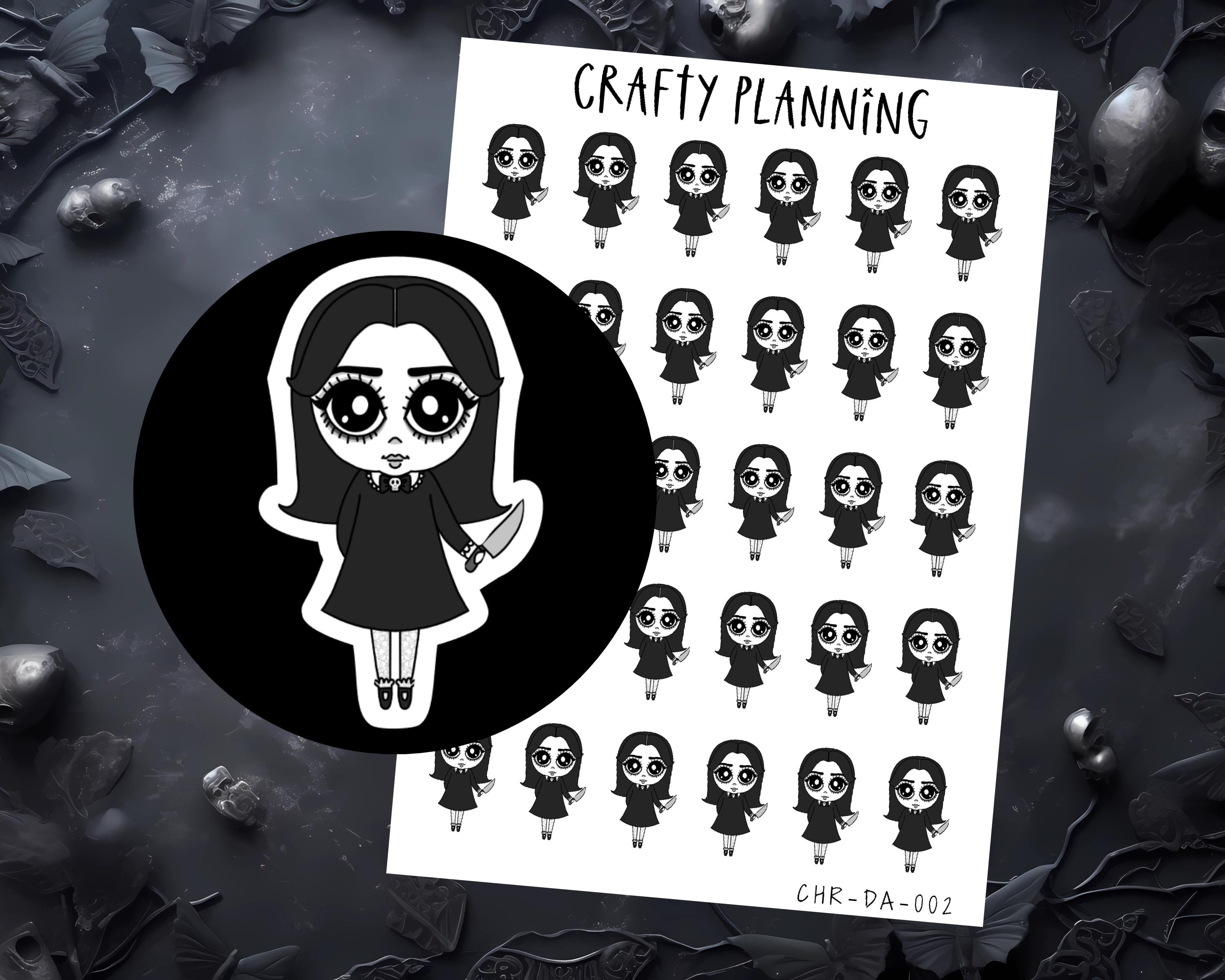 Gothic Planner Stickers – Dark Alice Character, Matte Vinyl Decals, Grumpy Mood