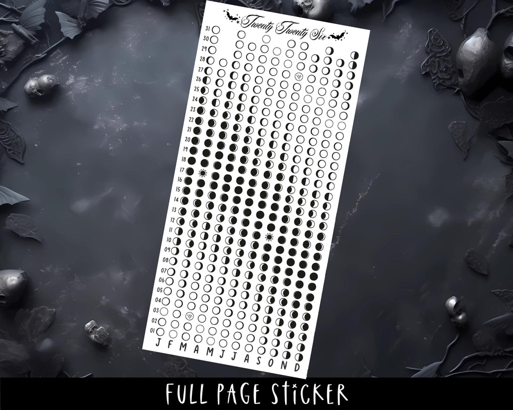 Moon Calendar 2026 - Full Page Planner Stickers | Lunar Phase & Witchy Decor