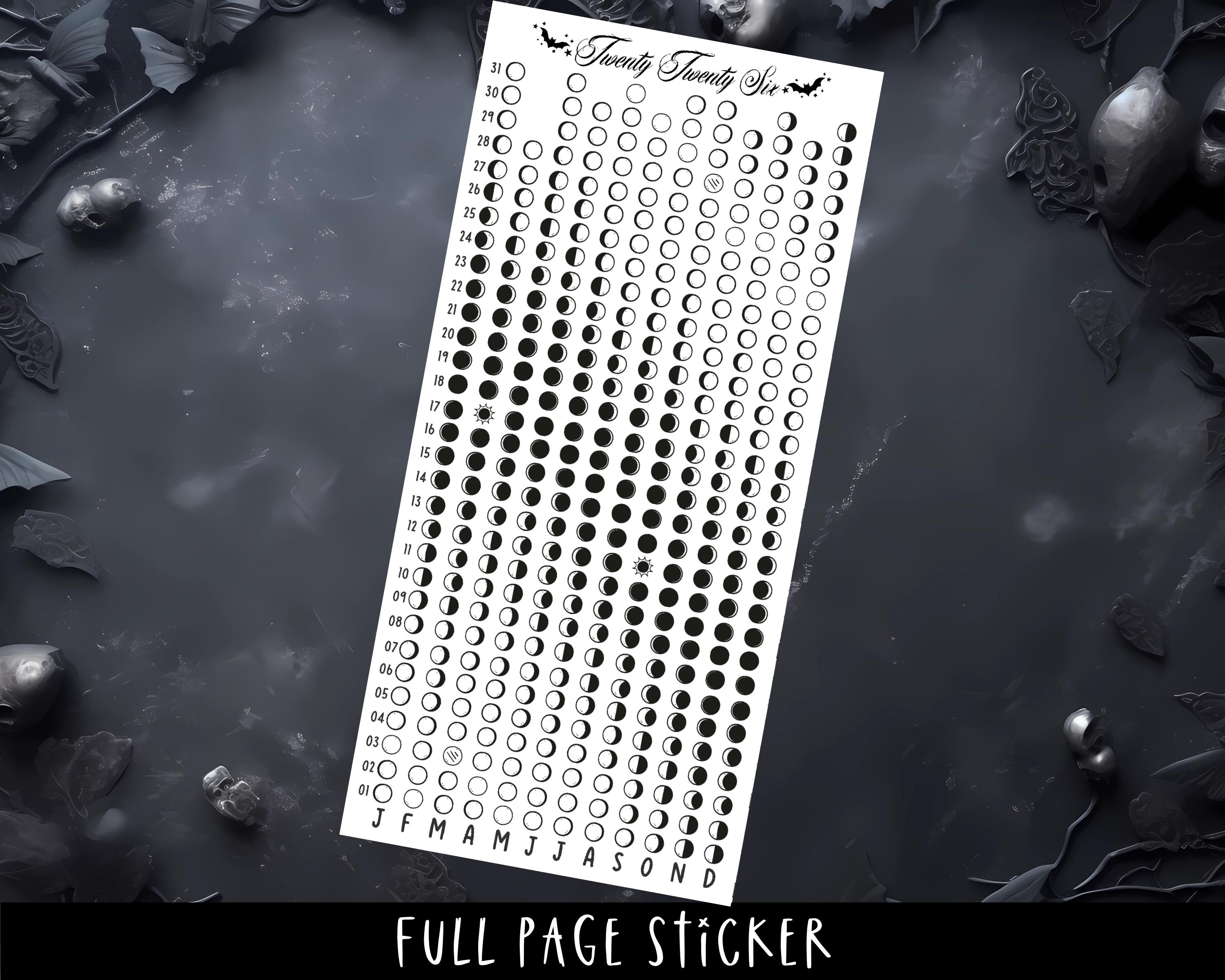 Moon Calendar 2026 - Full Page Planner Stickers | Lunar Phase & Witchy Decor