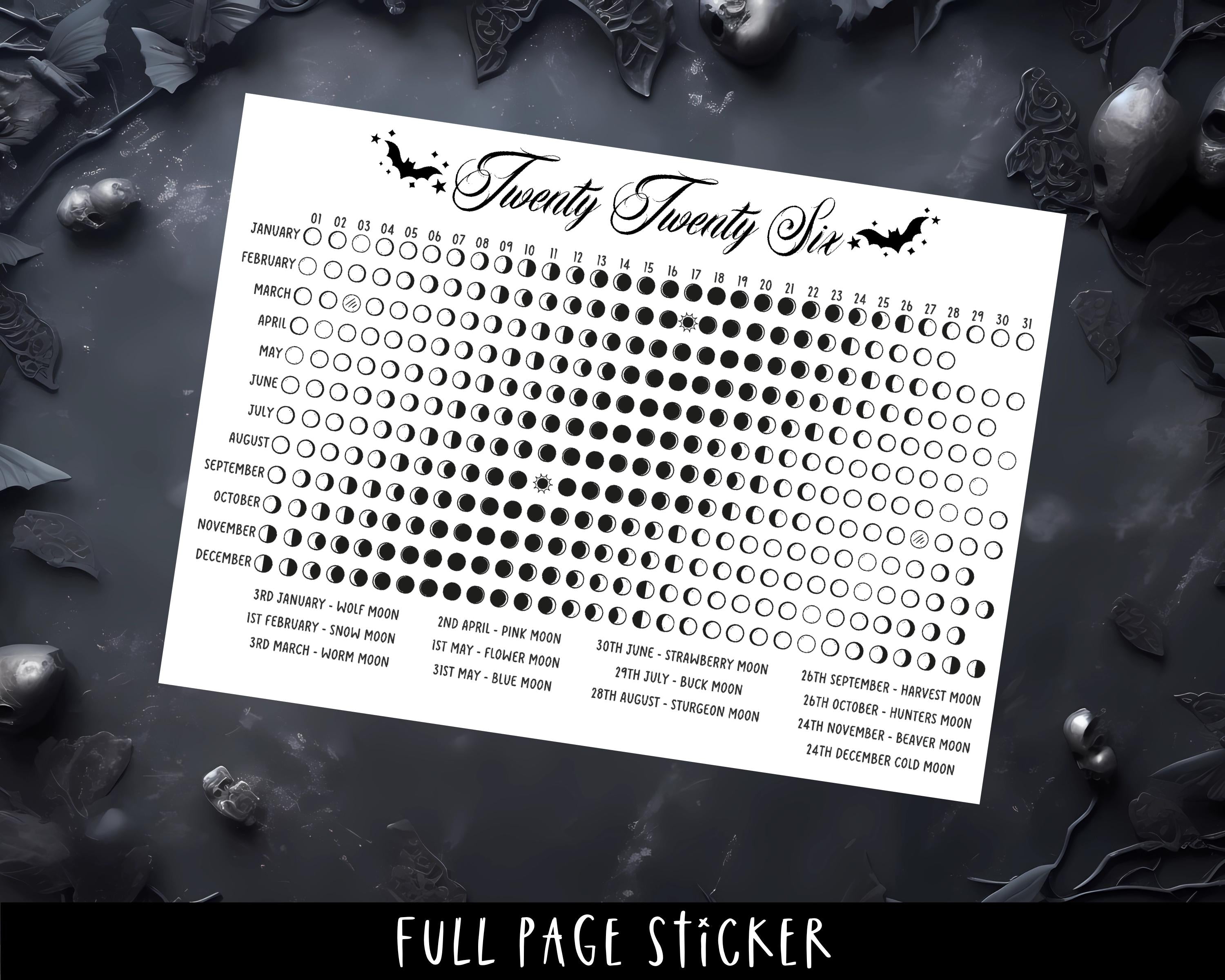 Moon Calendar 2026 - Full Page Stickers For A5 Planner & Lunar Phase Tracker