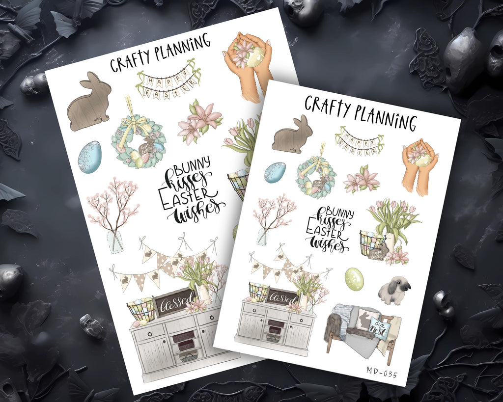 various Easter-themed illustrations and decorations, including a bunny, eggs, flowers, and other festive elements. The text "Crafty Planning" is visible, suggesting that these are planning materials or ideas related to Easter celebrations.