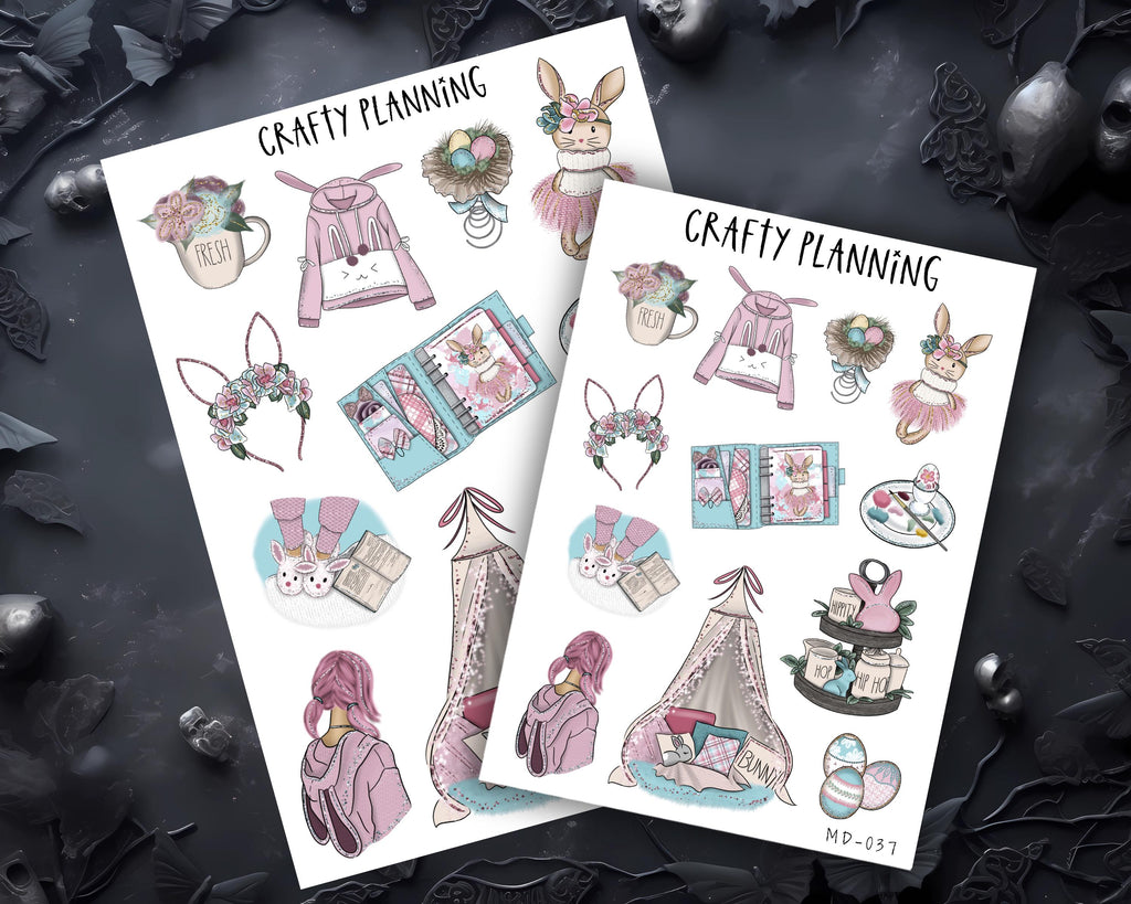 a collection of illustrations related to the theme of "Crafty Planning", featuring various items such as a bunny, a hat, a cup, and other decorative elements.