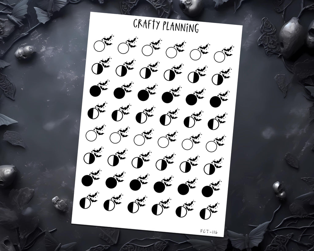 Moon Phase Stickers - Bat & Lunar Planner Decals | Premium Matte, Undated Moon Calendar