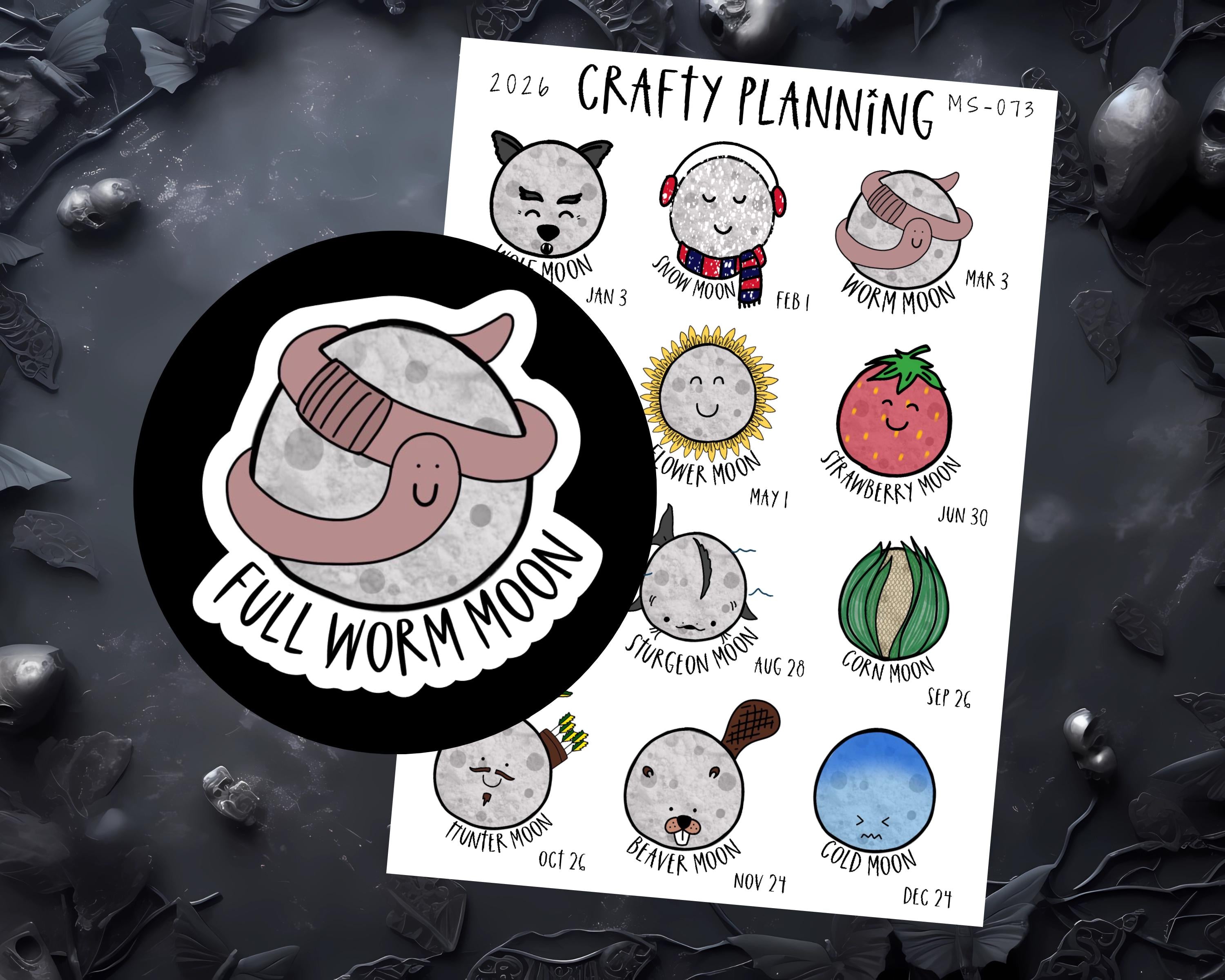 Moon Planner Stickers - Witchy Hand Drawn Full Moon Deco Sheet