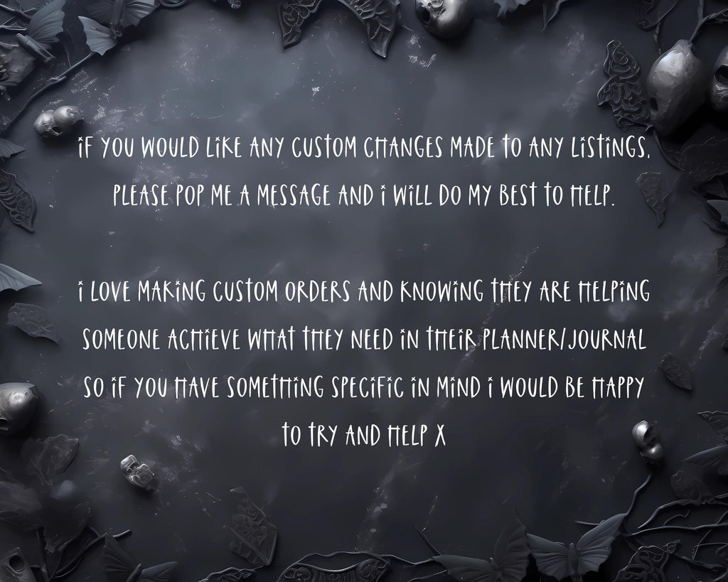 a message in black text on a dark background, surrounded by leaves and small objects. The message appears to be a request for assistance with custom orders, and it is written in a casual, friendly tone.