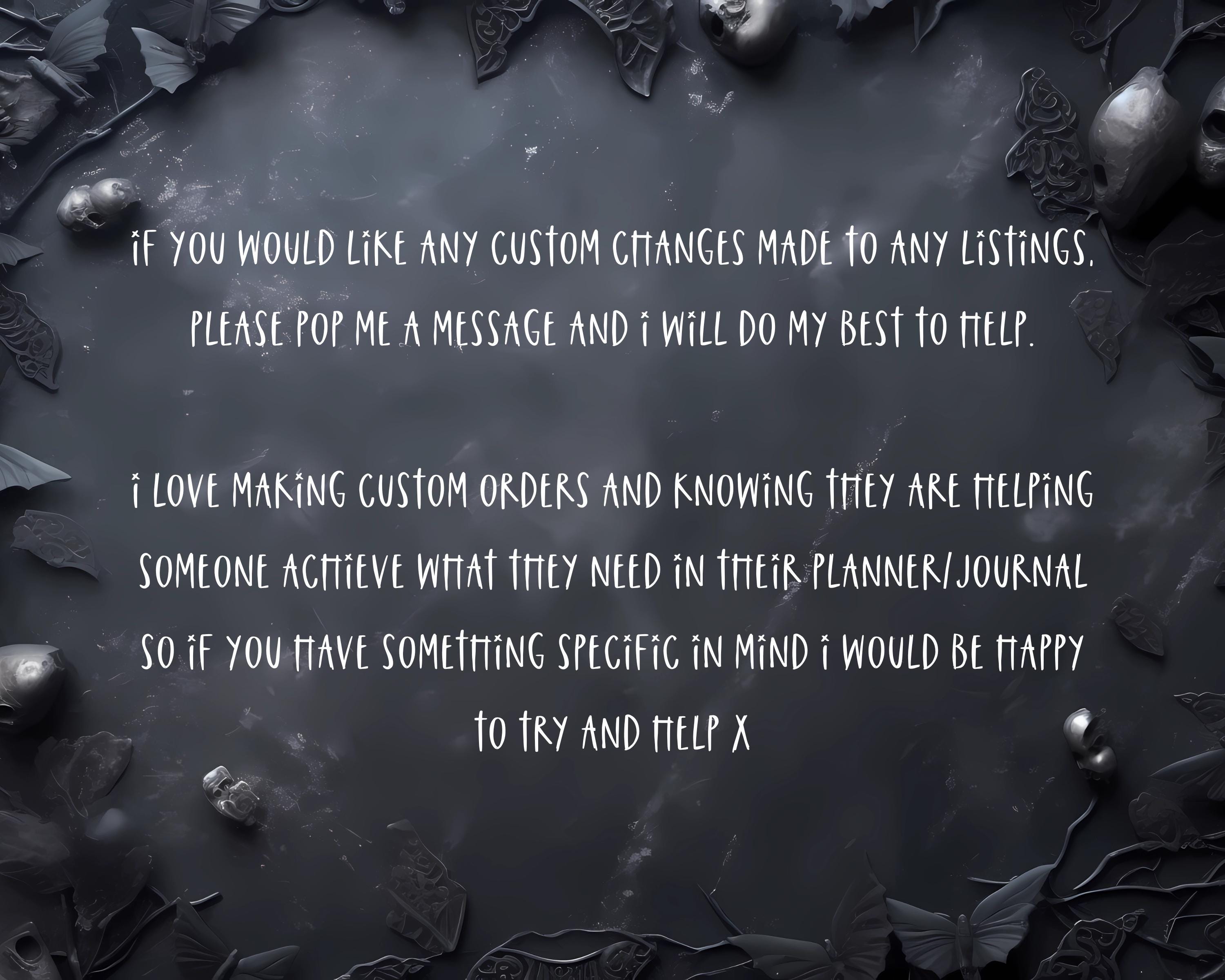 a message in black text on a dark background, surrounded by leaves and small objects. The message appears to be a request for assistance with custom orders, and it is written in a casual, friendly tone.