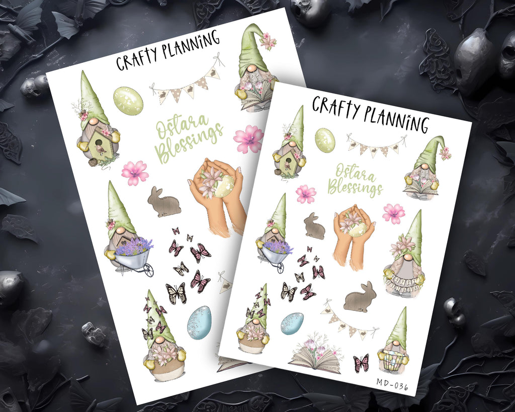 a collection of Easter-themed stickers and illustrations, including gnomes, flowers, eggs, and other decorative elements. The stickers are arranged in a way that suggests they are part of a crafting project or a decorative display.