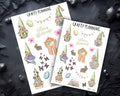 a collection of Easter-themed stickers and illustrations, including gnomes, flowers, eggs, and other decorative elements. The stickers are arranged in a way that suggests they are part of a crafting project or a decorative display.