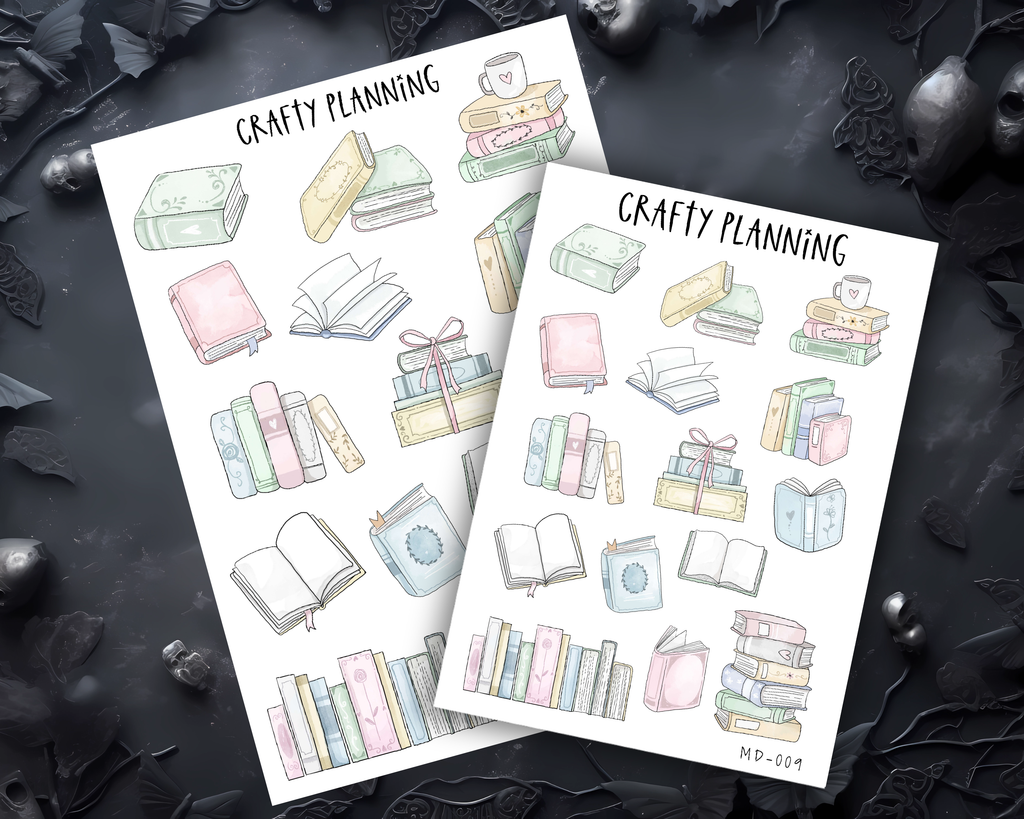 a collection of colorful illustrations of books and other objects, including a cup and a plant, arranged on a dark background.