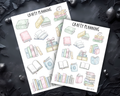 a collection of colorful illustrations of books and other objects, including a cup and a plant, arranged on a dark background.