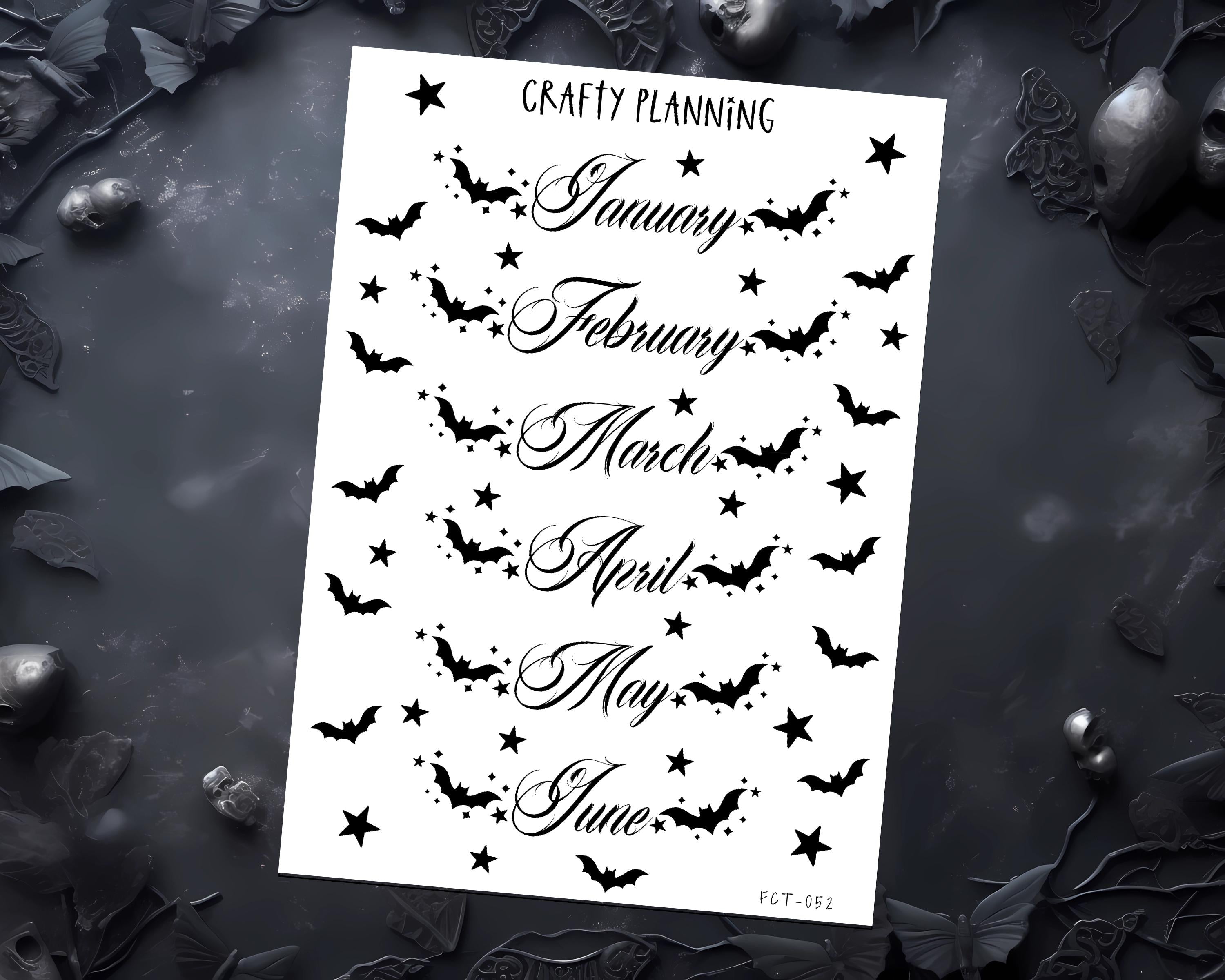 Monthly Planner Stickers – Gothic Bat Month Header for 2026 Journals