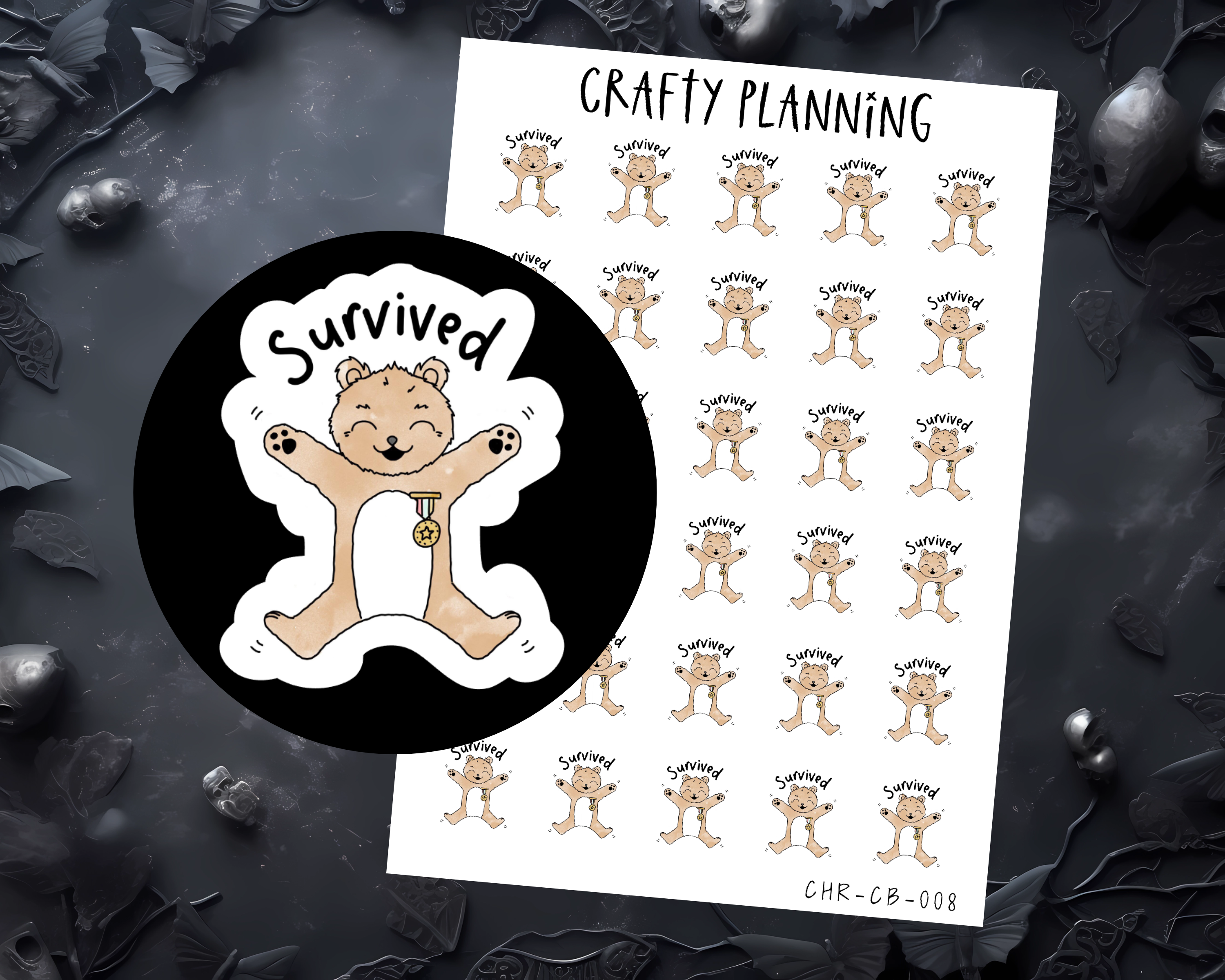 Crafty Bear - Survived Award - Mini Sticker Sheet - Hand Drawn Design