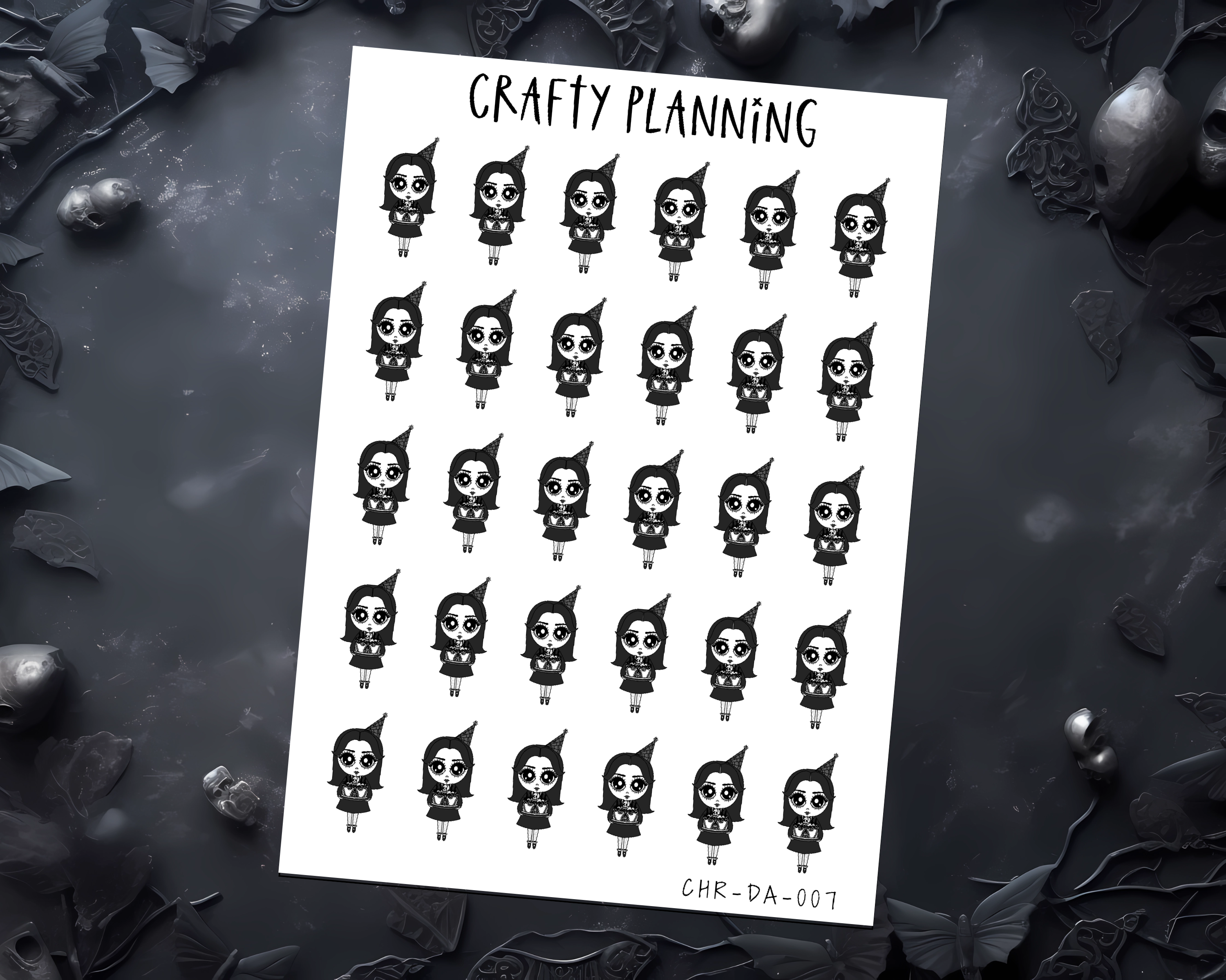Gothic Planner Stickers – Dark Alice Character, Matte Vinyl Decals, Birthday