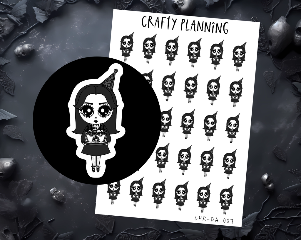 Gothic Planner Stickers – Dark Alice Character, Matte Vinyl Decals, Birthday