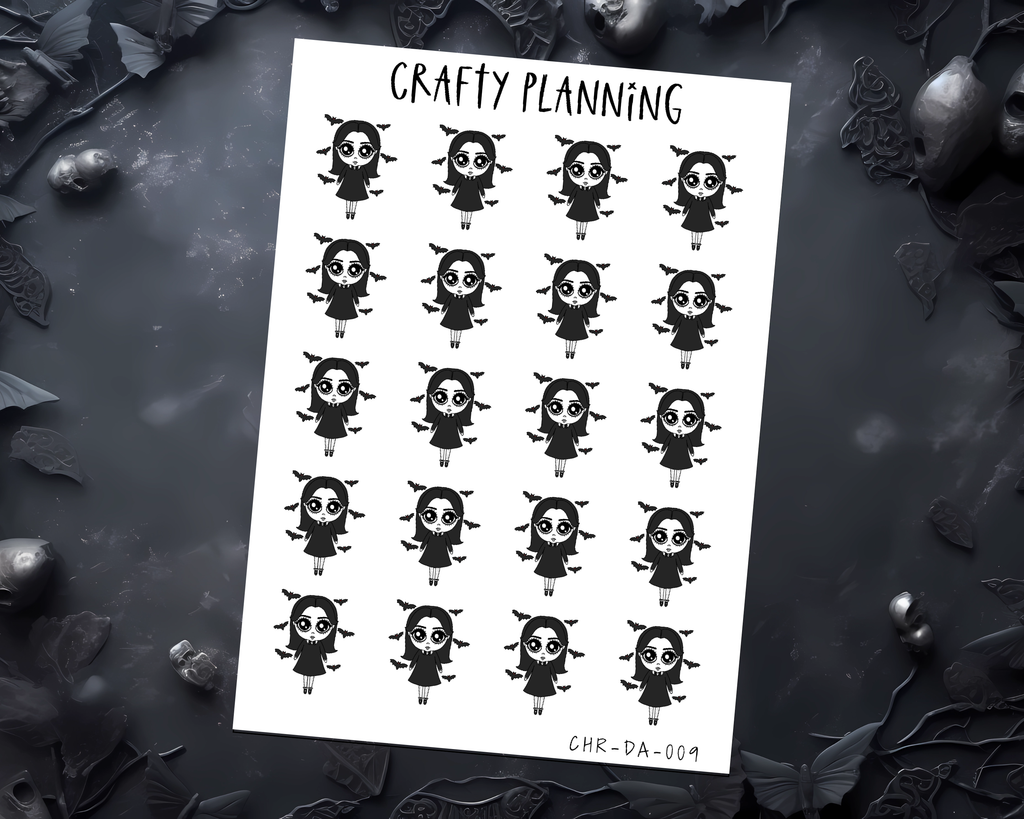 Gothic Planner Stickers – Dark Alice Character, Matte Vinyl Decals, Bat Stickers