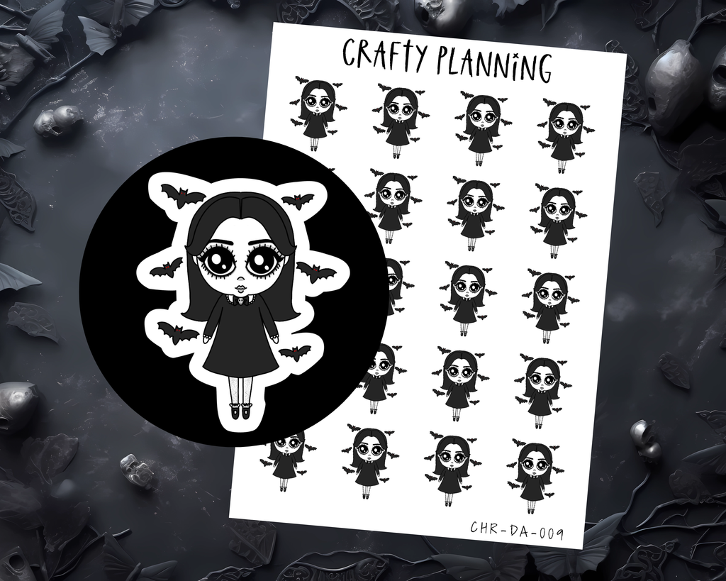 Gothic Planner Stickers – Dark Alice Character, Matte Vinyl Decals, Bat Stickers