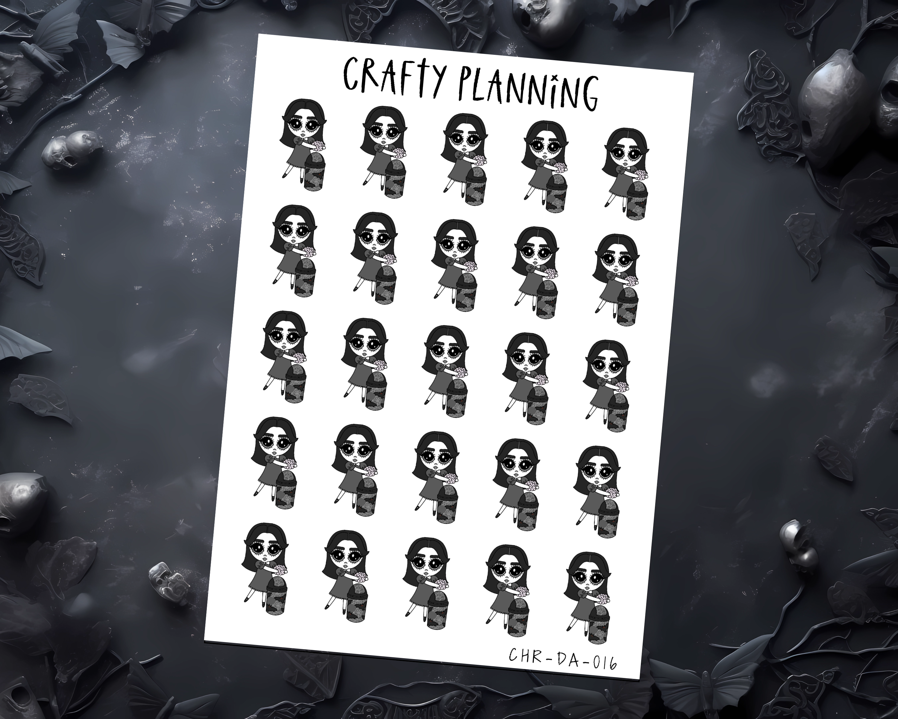 Gothic Planner Stickers – Dark Alice Character, Matte Vinyl Decals, Brain Dump, Mental Health
