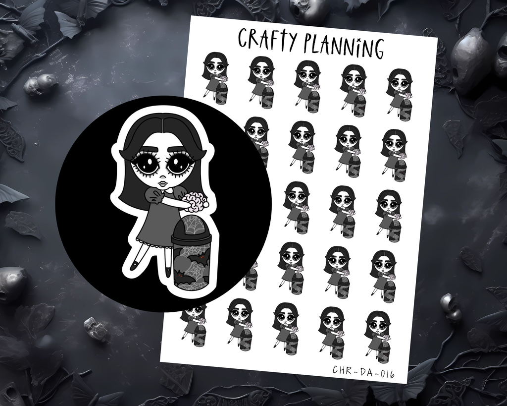 Gothic Planner Stickers – Dark Alice Character, Matte Vinyl Decals, Brain Dump, Mental Health