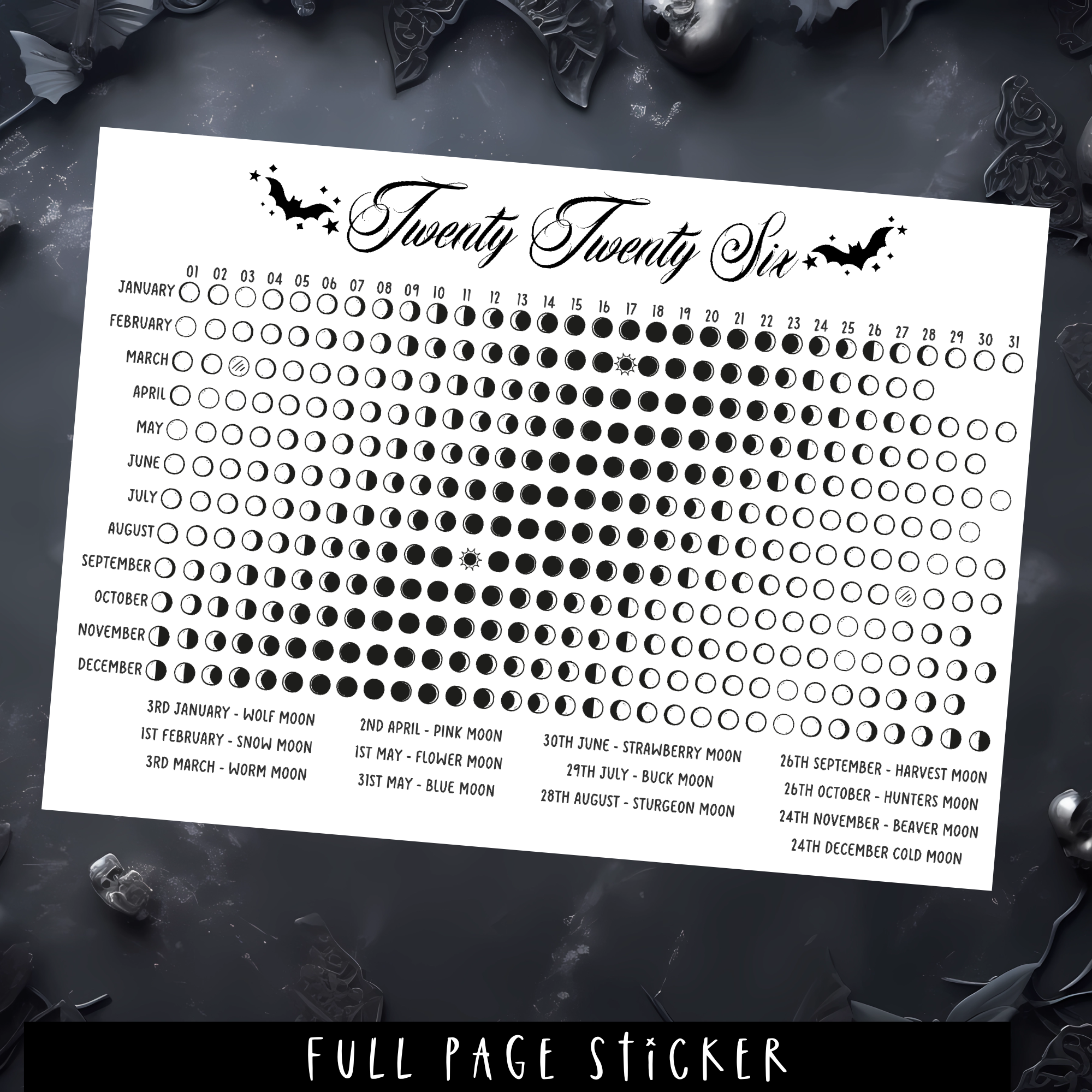 MOON CALENDAR 2026 - A5 SIZE - FULL PAGE STICKER