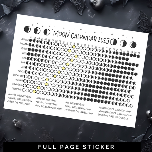 Moon Calendar 2025 - B&W - Full Page Sticker