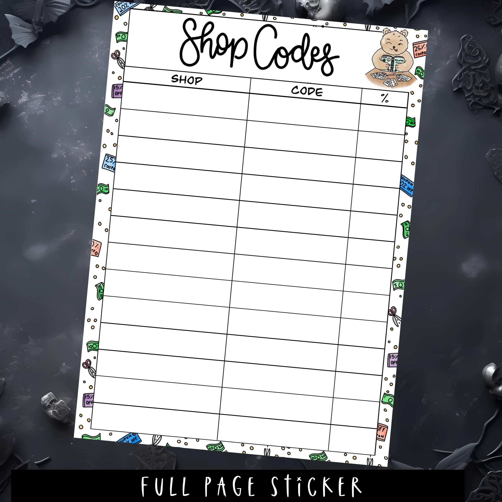 SHOP CODES - A5 SIZE - FULL PAGE STICKER