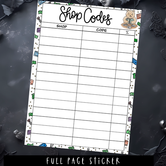 SHOP CODES - A5 SIZE - FULL PAGE STICKER