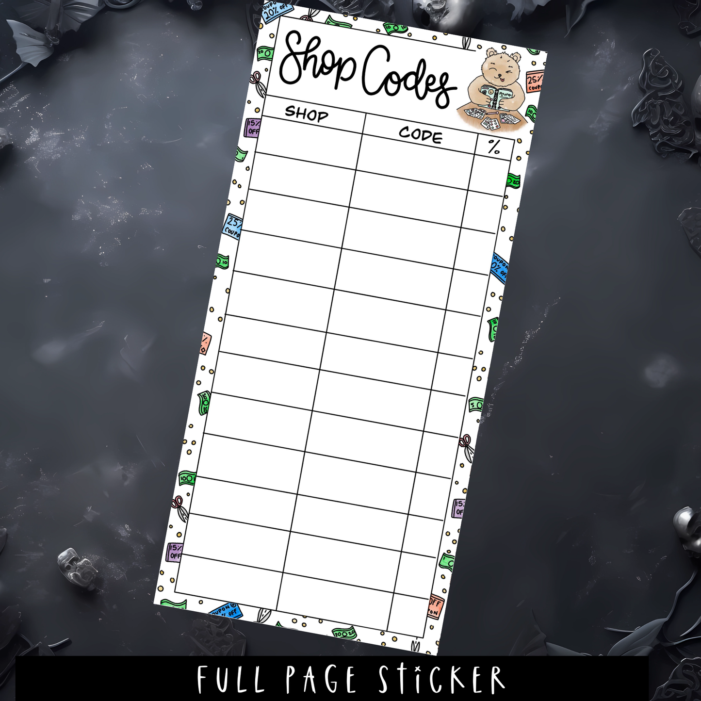 SHOP CODES - WEEKS SIZE - FULL PAGE STICKER