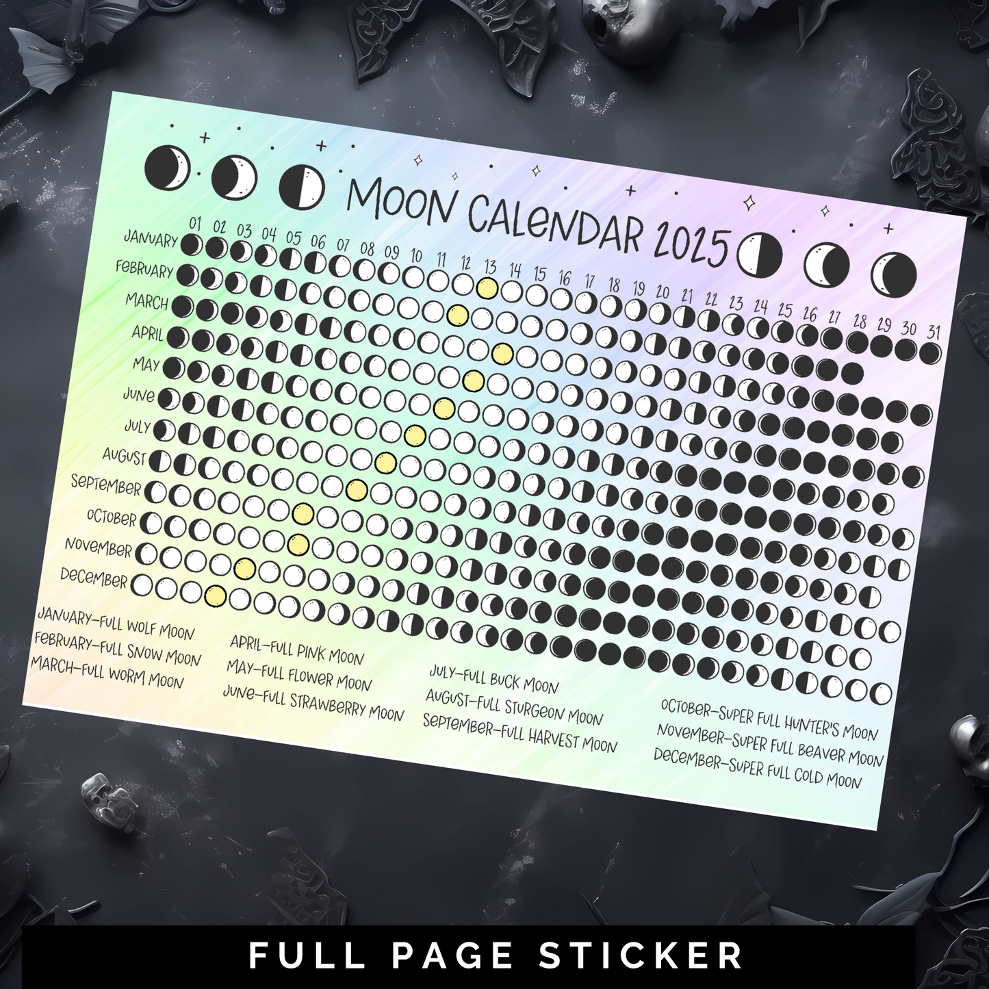 Moon Calendar 2025 - Pastel - Full Page Sticker