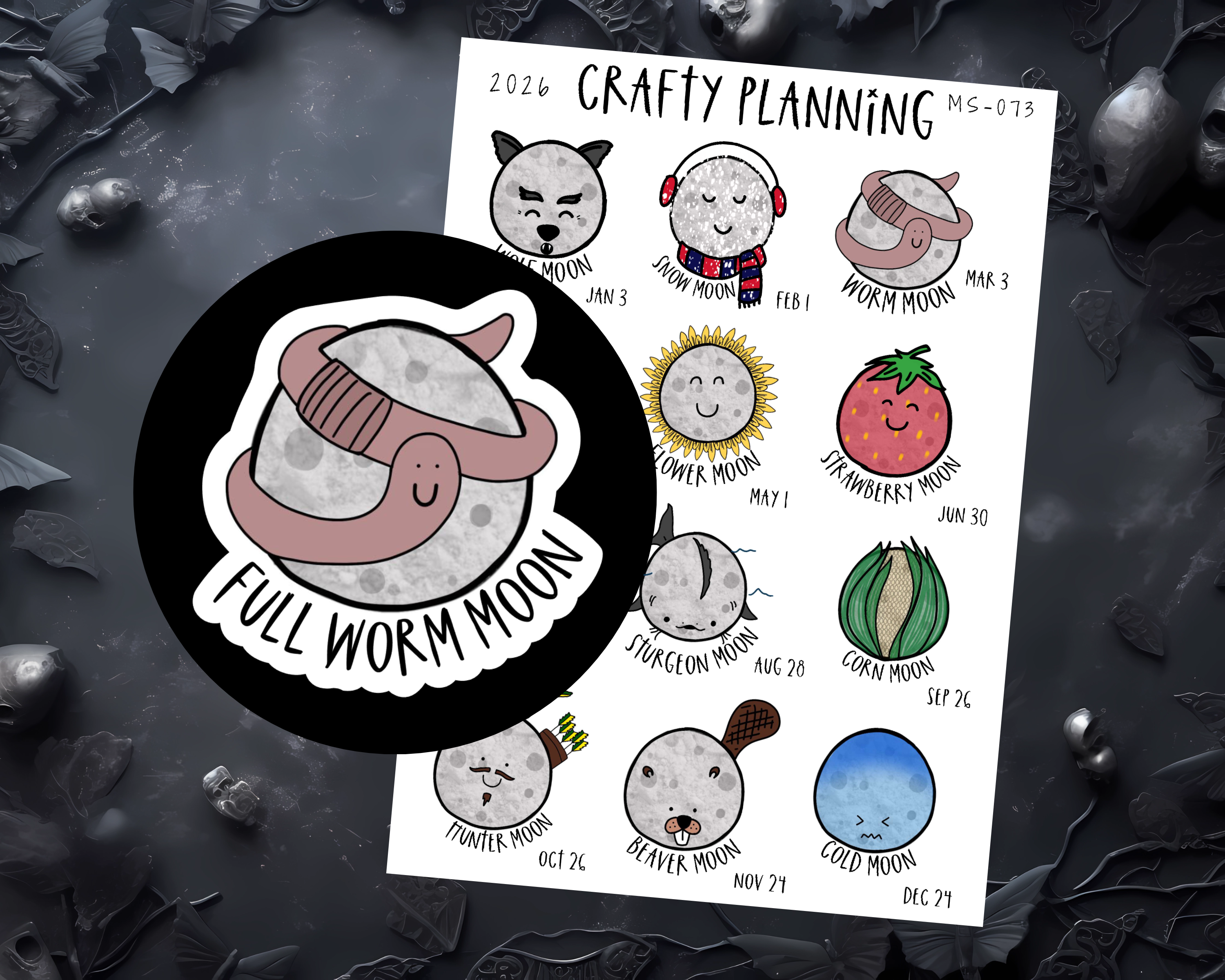 Full Moon Stickers - Hand Drawn Moon Phase Stickers | Mini Planner Sticker Sheets