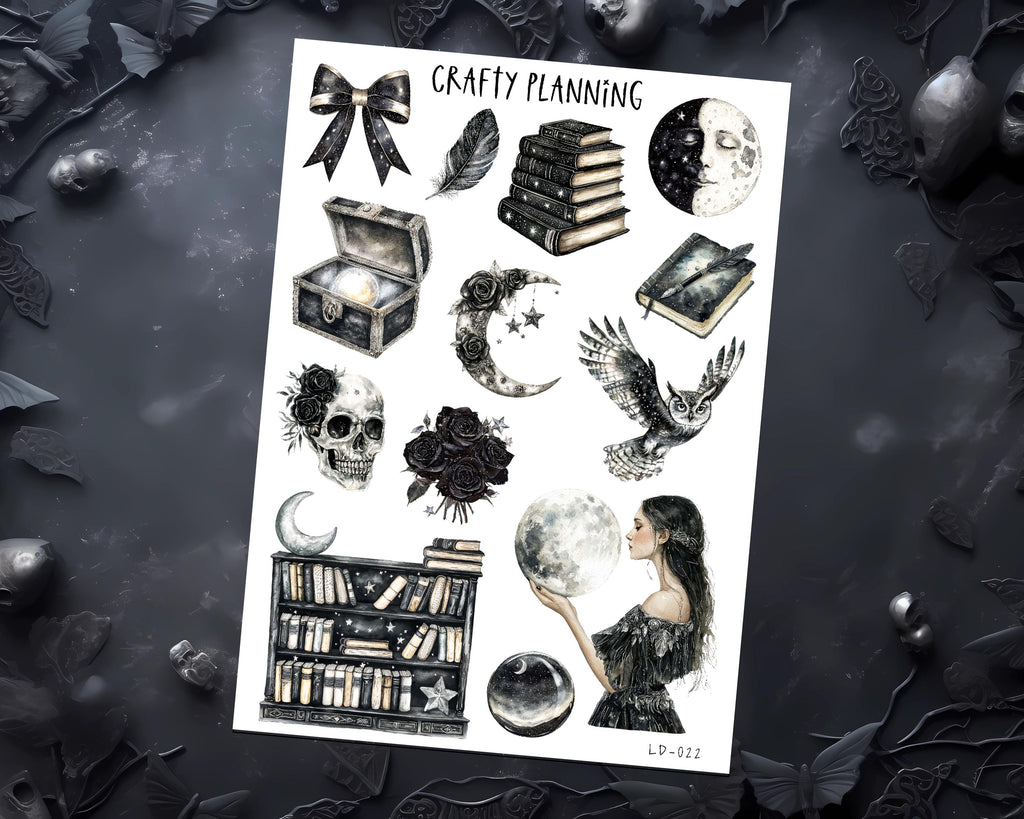 Witchy Stickers – Celestial Moon & Gothic Book Decals, Matte Finish