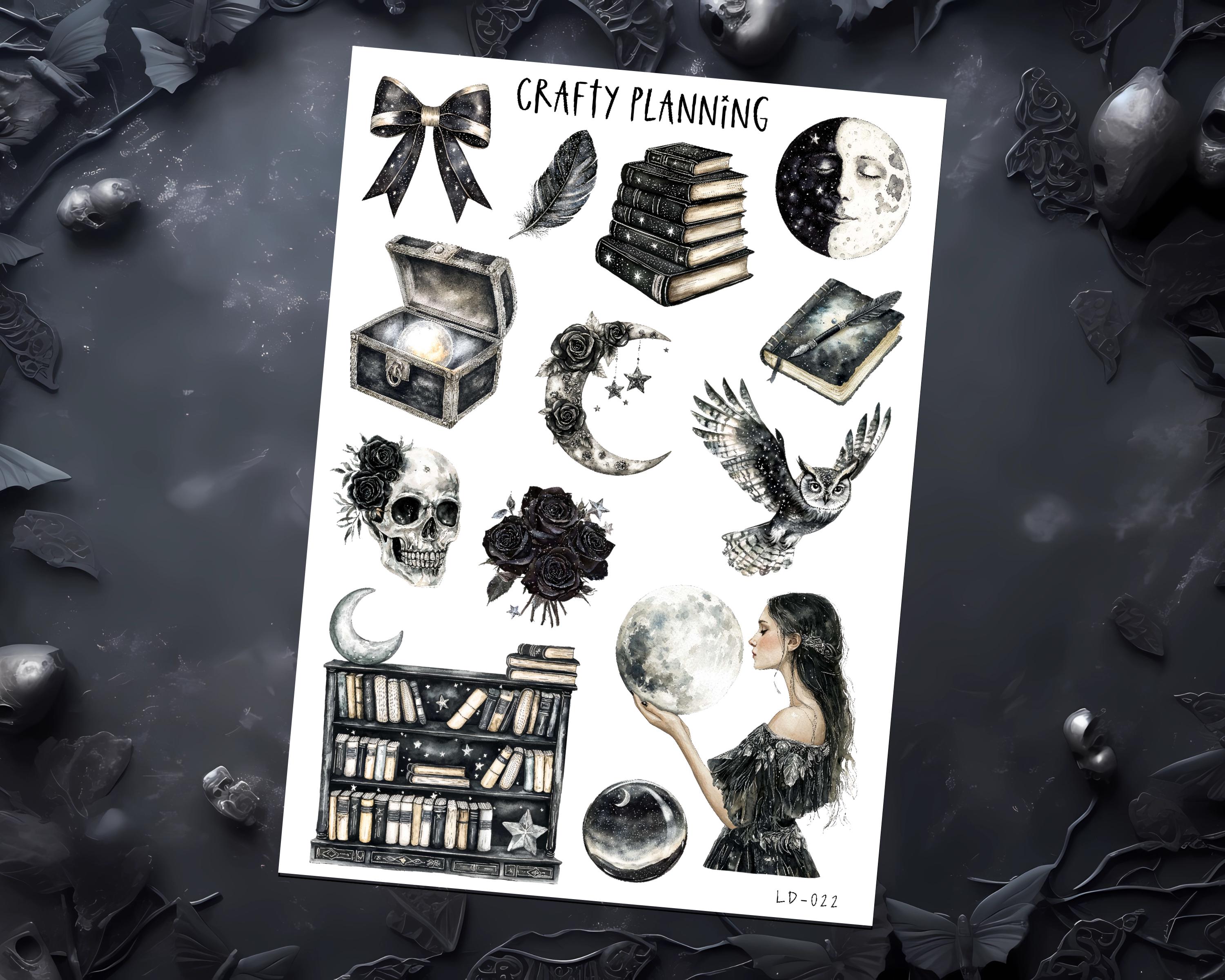 Witchy Stickers – Celestial Moon & Gothic Book Decals, Matte Finish