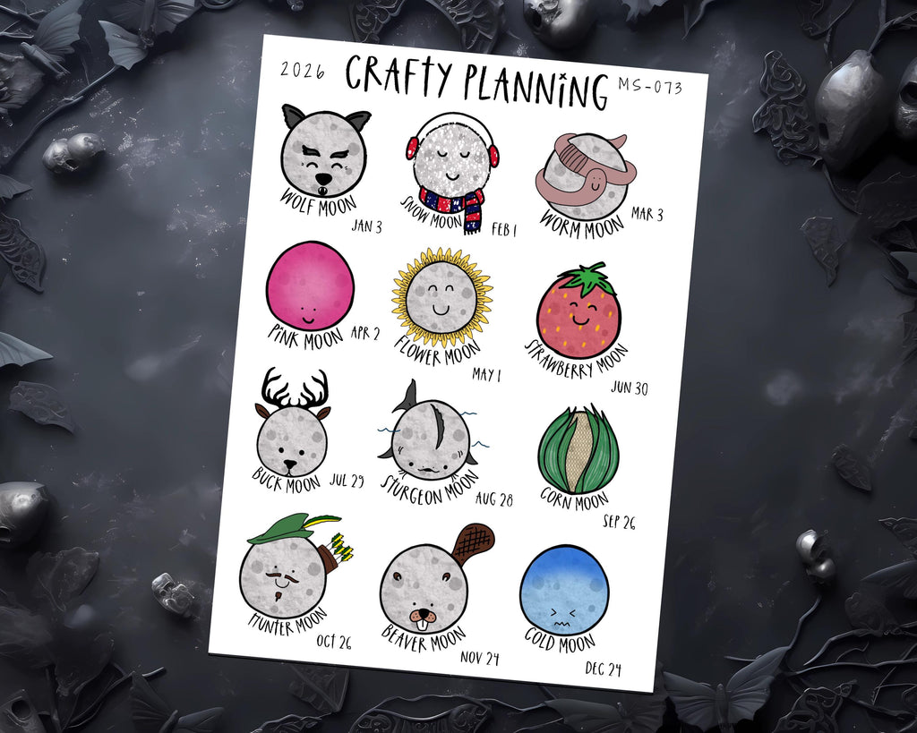 Moon Planner Stickers - Witchy Hand Drawn Full Moon Deco Sheet