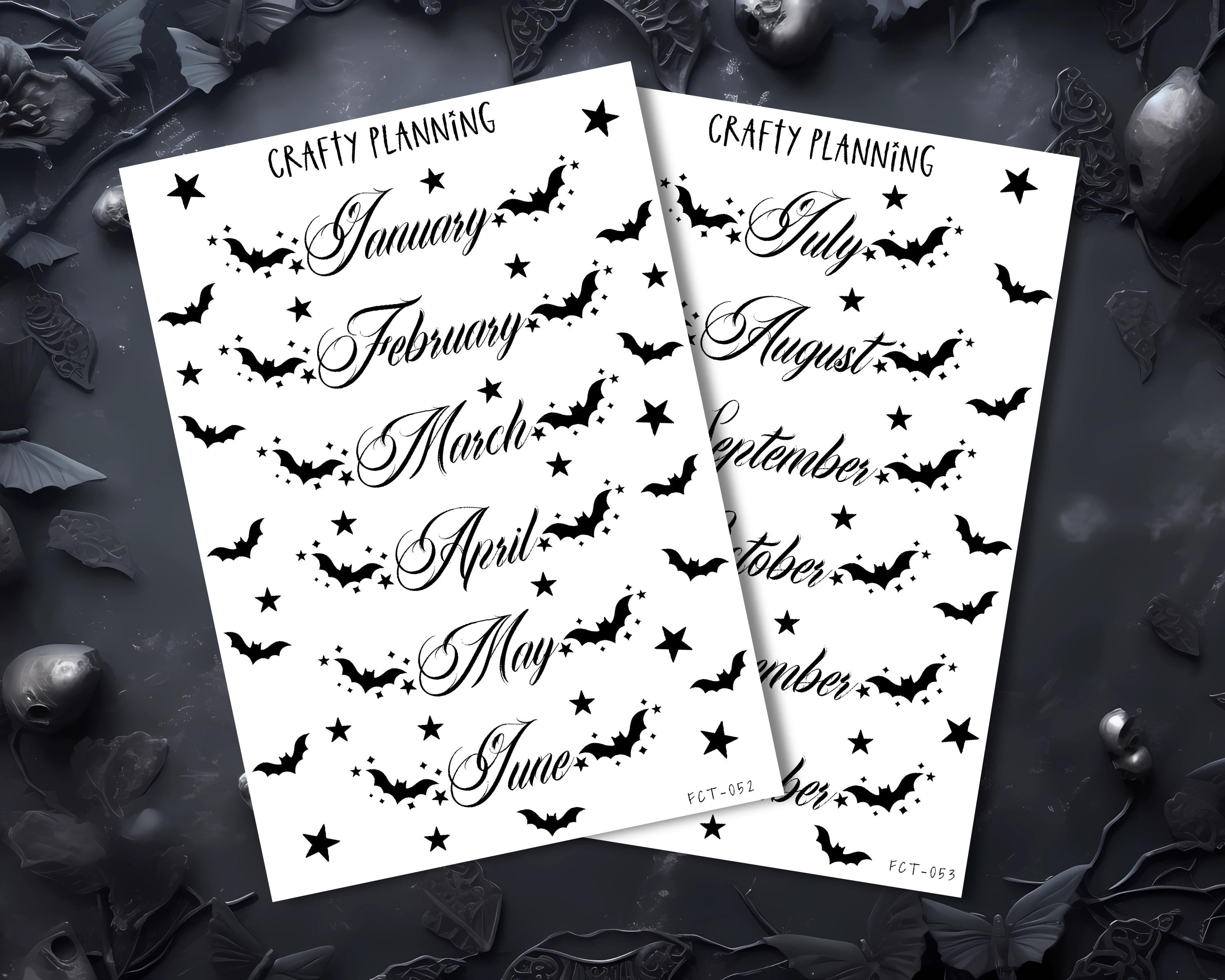Monthly Planner Stickers – Gothic Bat Month Header for 2026 Journals