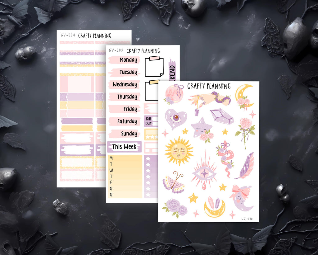 Celestial Planner Stickers – Pastel Weekly Kit | Witchy Vertical Sheets