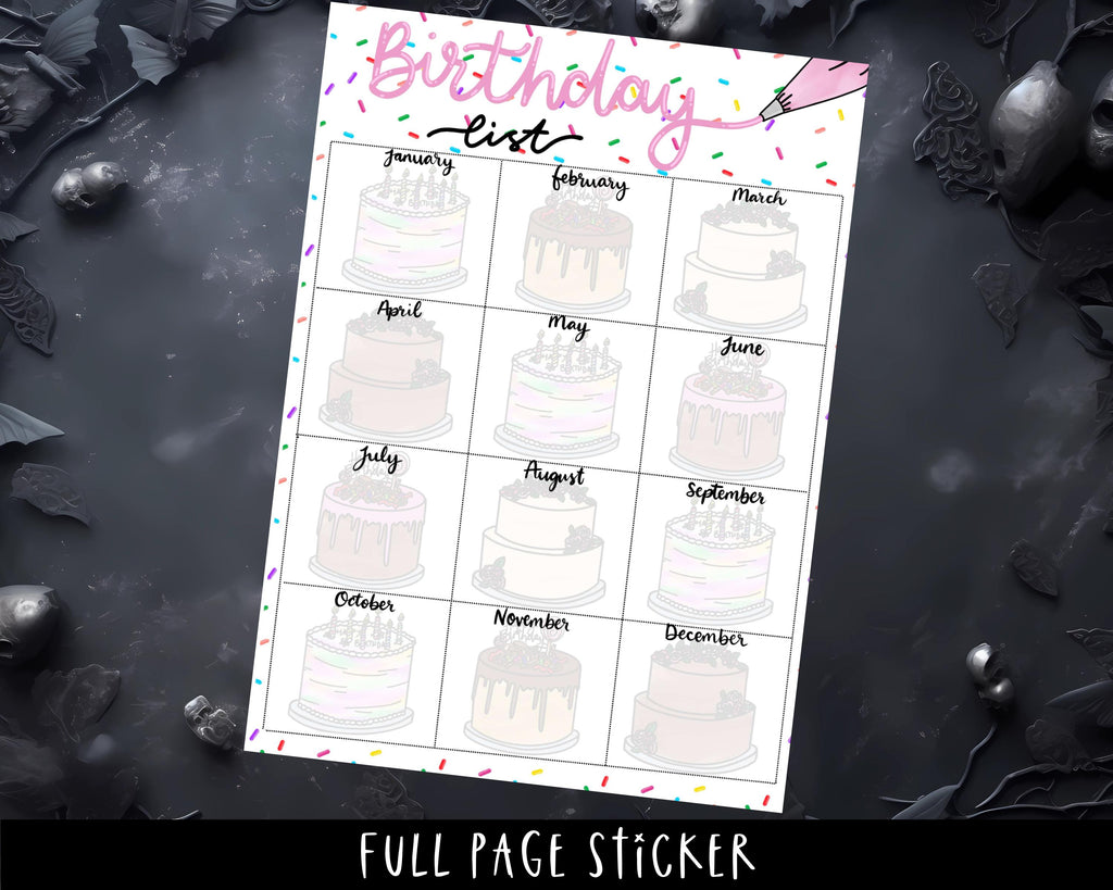 A5 Planner Stickers - Full Page Birthday Tracker & Notes Page Gift List