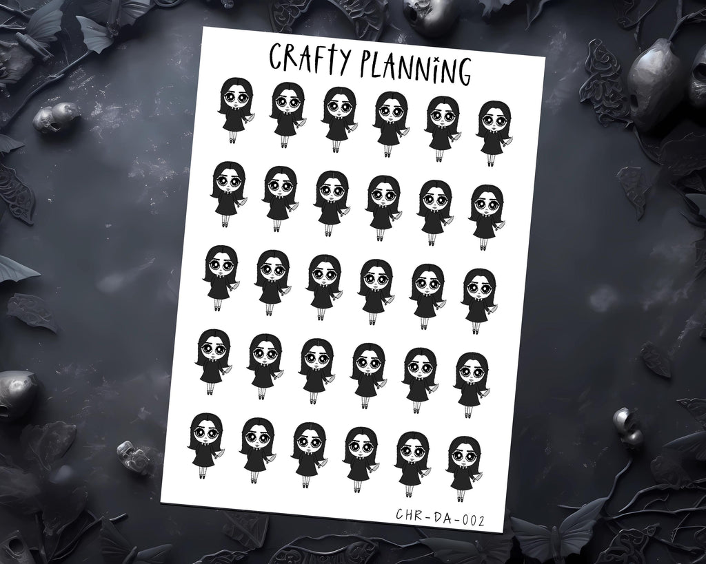 Gothic Planner Stickers – Dark Alice Character, Matte Vinyl Decals, Grumpy Mood