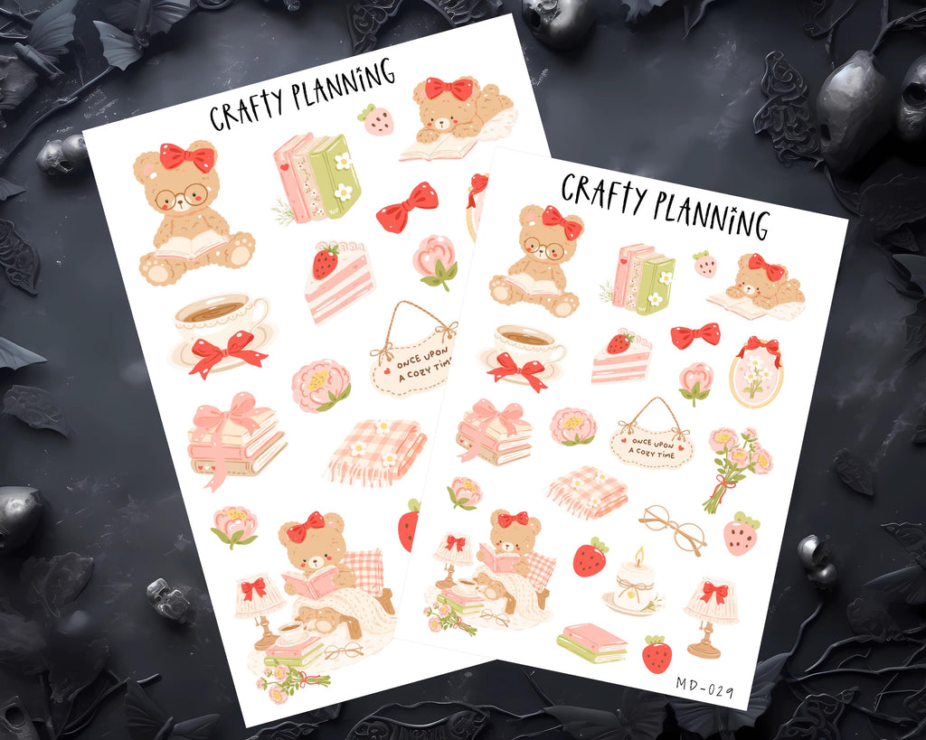 Planner Stickers Kit - Standard Vertical Planner, Cute Bear & Bookish Sticker Set