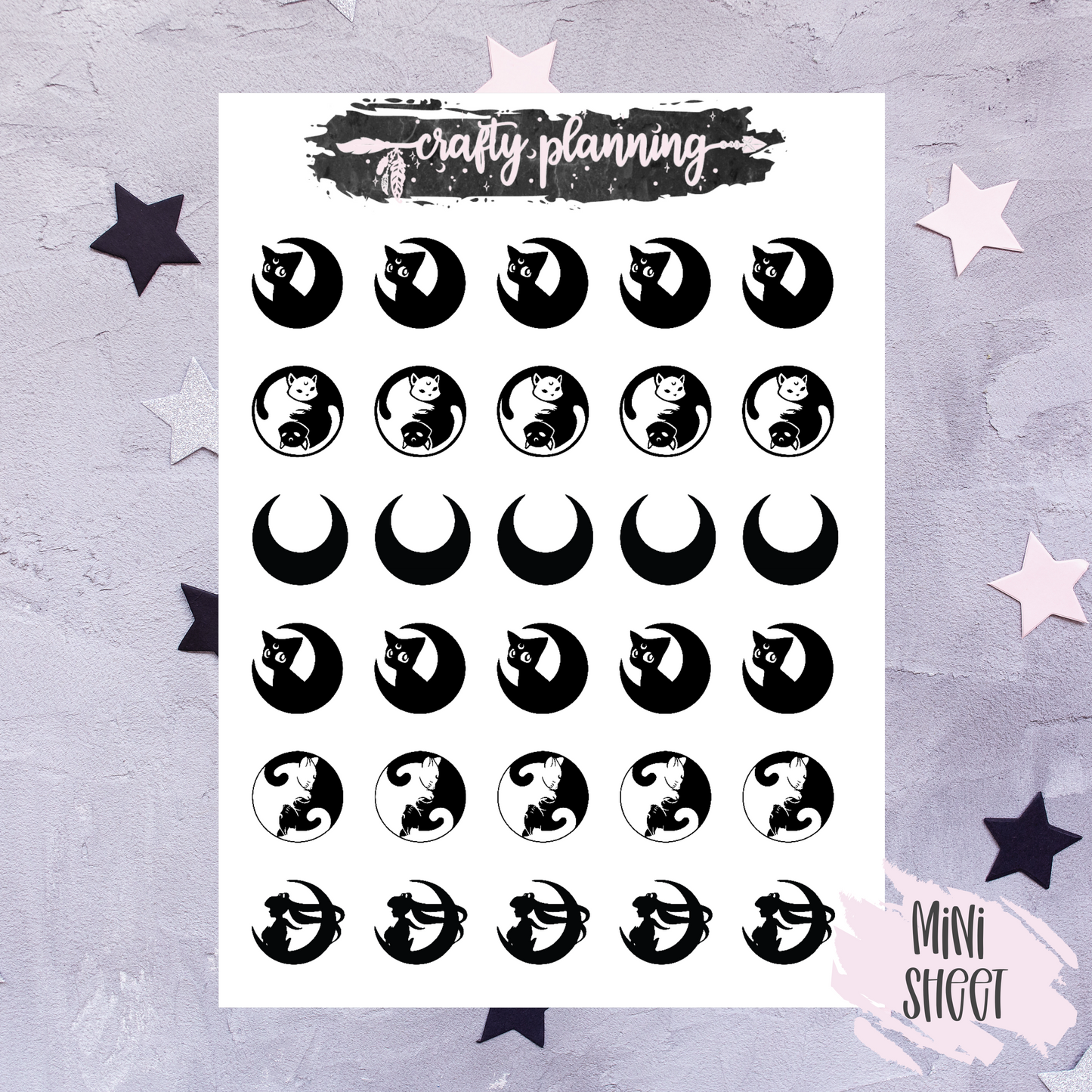 Moon Cat Stickers, Manga Stickers, Witchcraft Stickers, Gothic Stickers,Witch Planner Stickers,Moon Stickers, Design 2