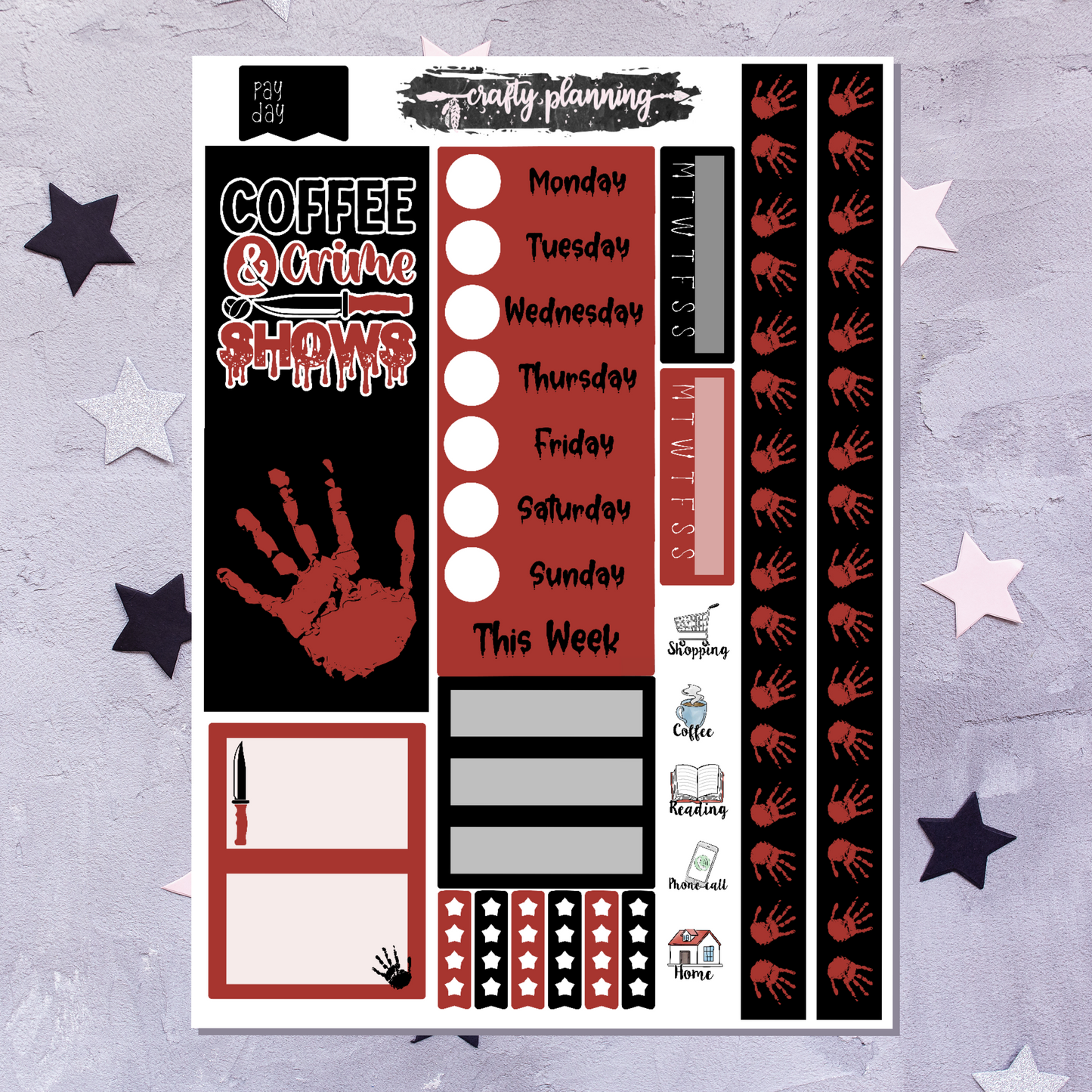 True Crime Mini Kit, Blackout Mini Kit, One Sheet Mini Kit, True Crime Stickers, Gothic Stickers, Planner Stickers