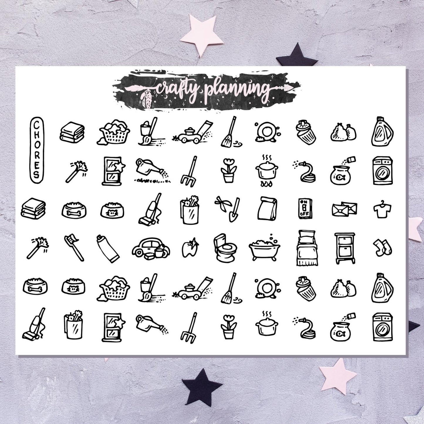 Planner Icon Stickers, Planner Icons, Chores Icons, Housework Stickers, Black & White Icons, Icon Stickers, Planner Stickers