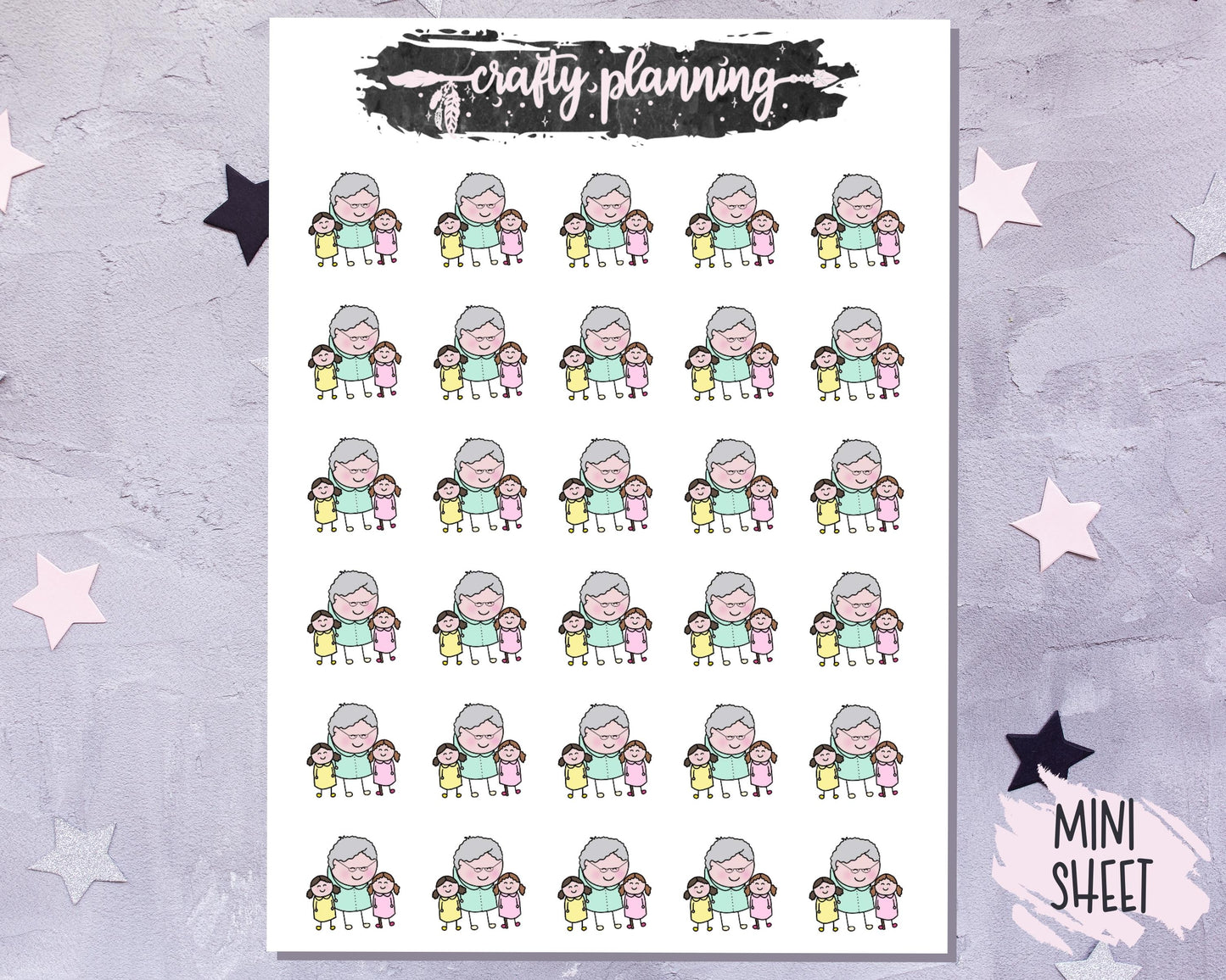 Grandma with 2 girls - Hand Drawn - Mini Sticker Sheet