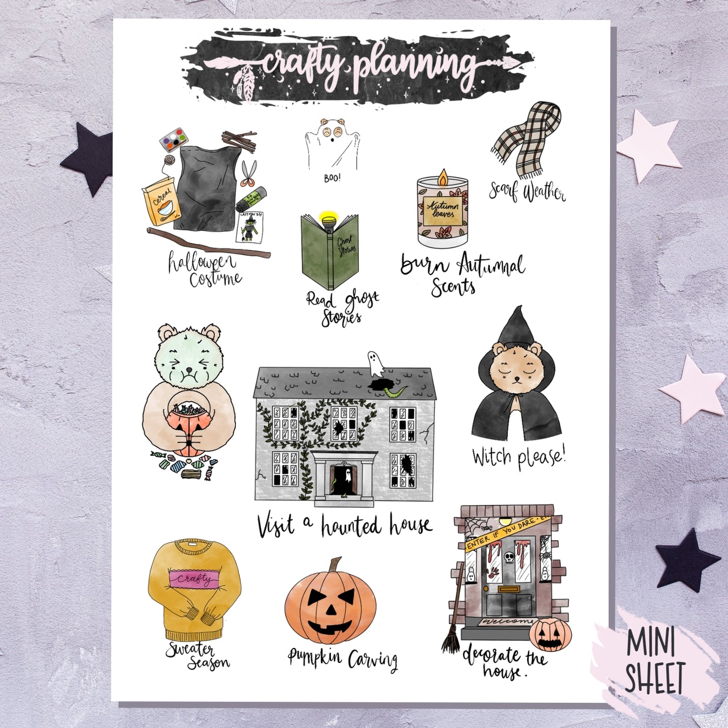 Autumn/Halloween Bucket List - Hand Drawn Mini sticker Sheet
