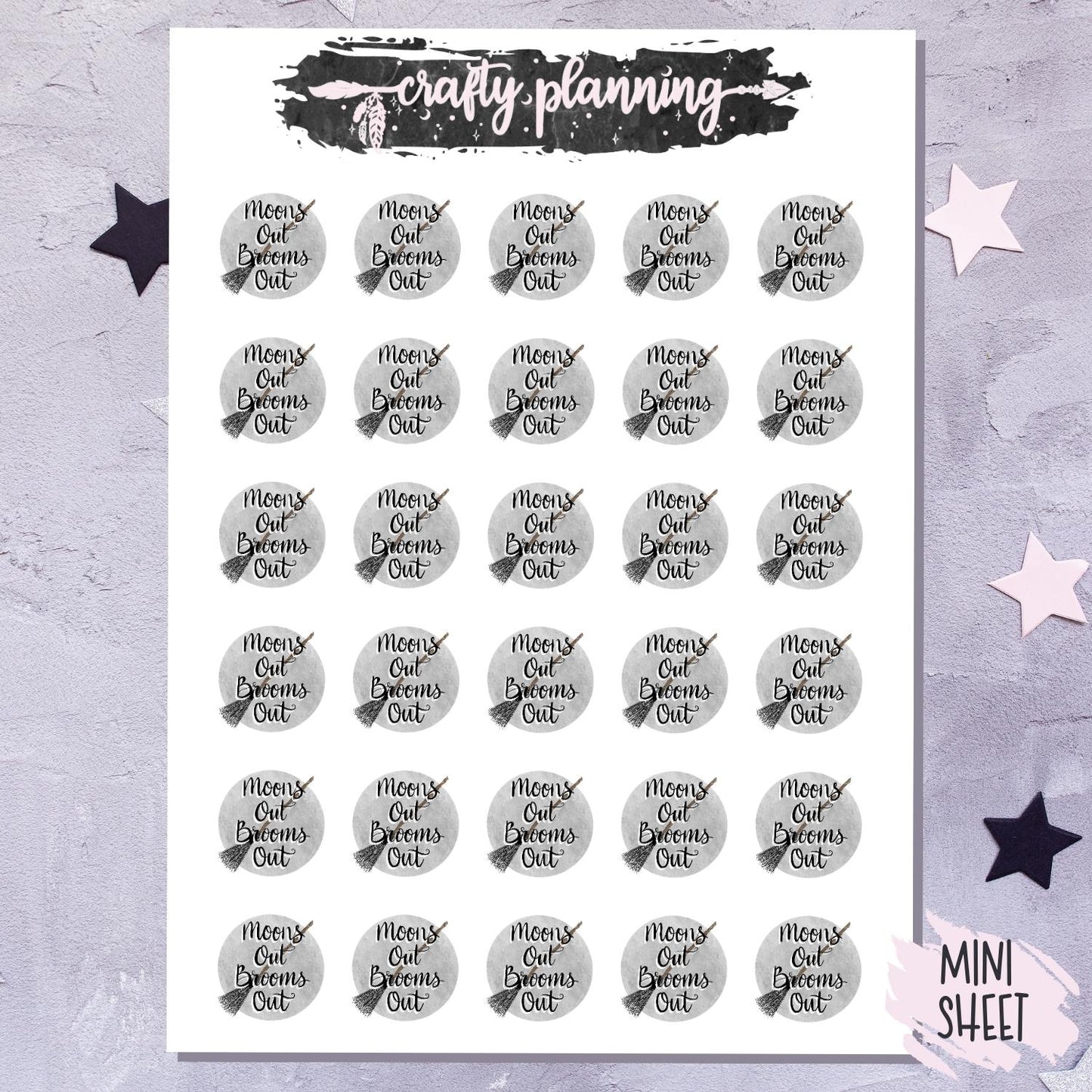 Moons Out Brooms Out - Hand Drawn - Mini Sticker Sheet